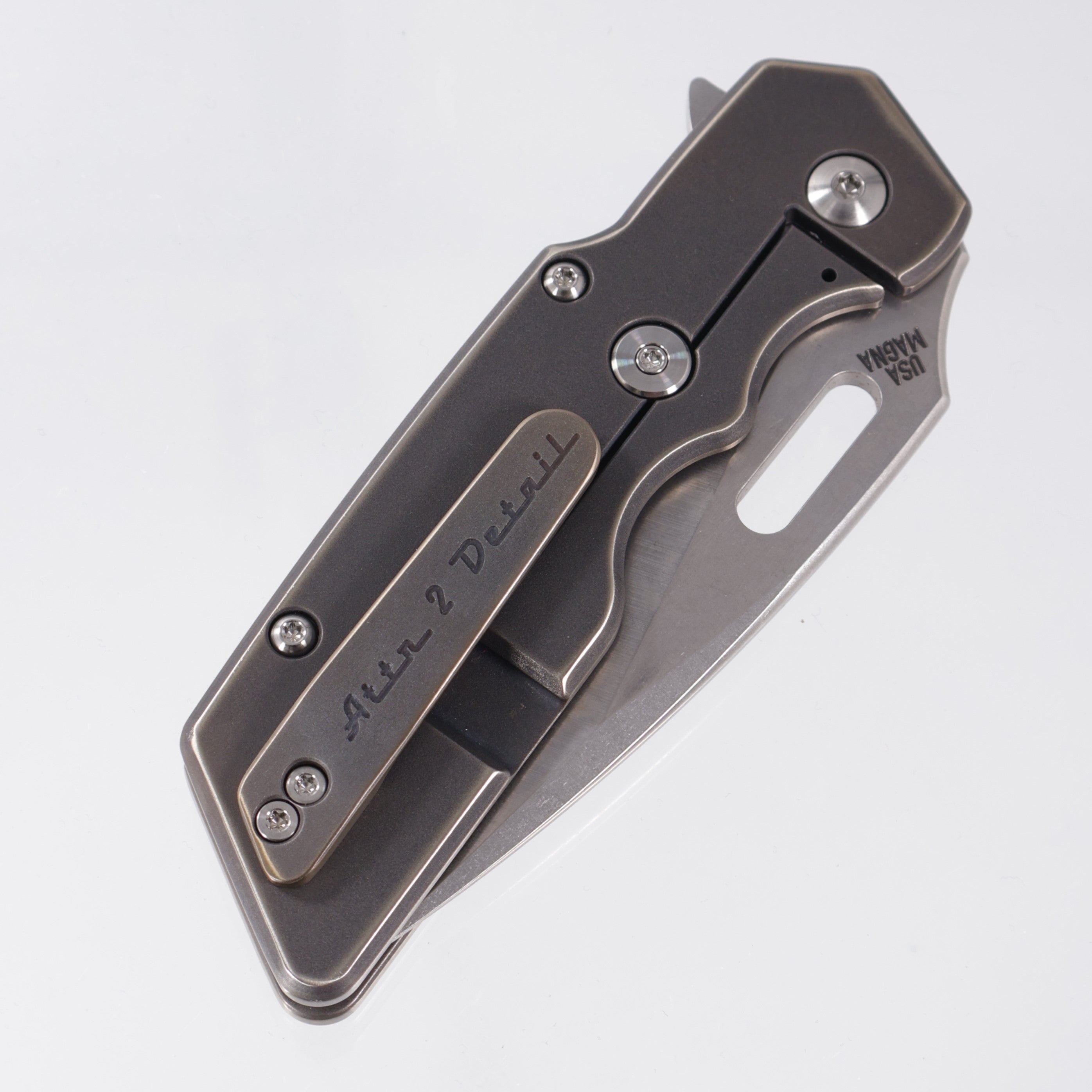 Attn2Detail Mercantile Mk.1 Large Gen4 Drop Point Rising Grind - Blackwash Titanium w/ Koa Wood Inlay - Stonewash Satin Magnacut