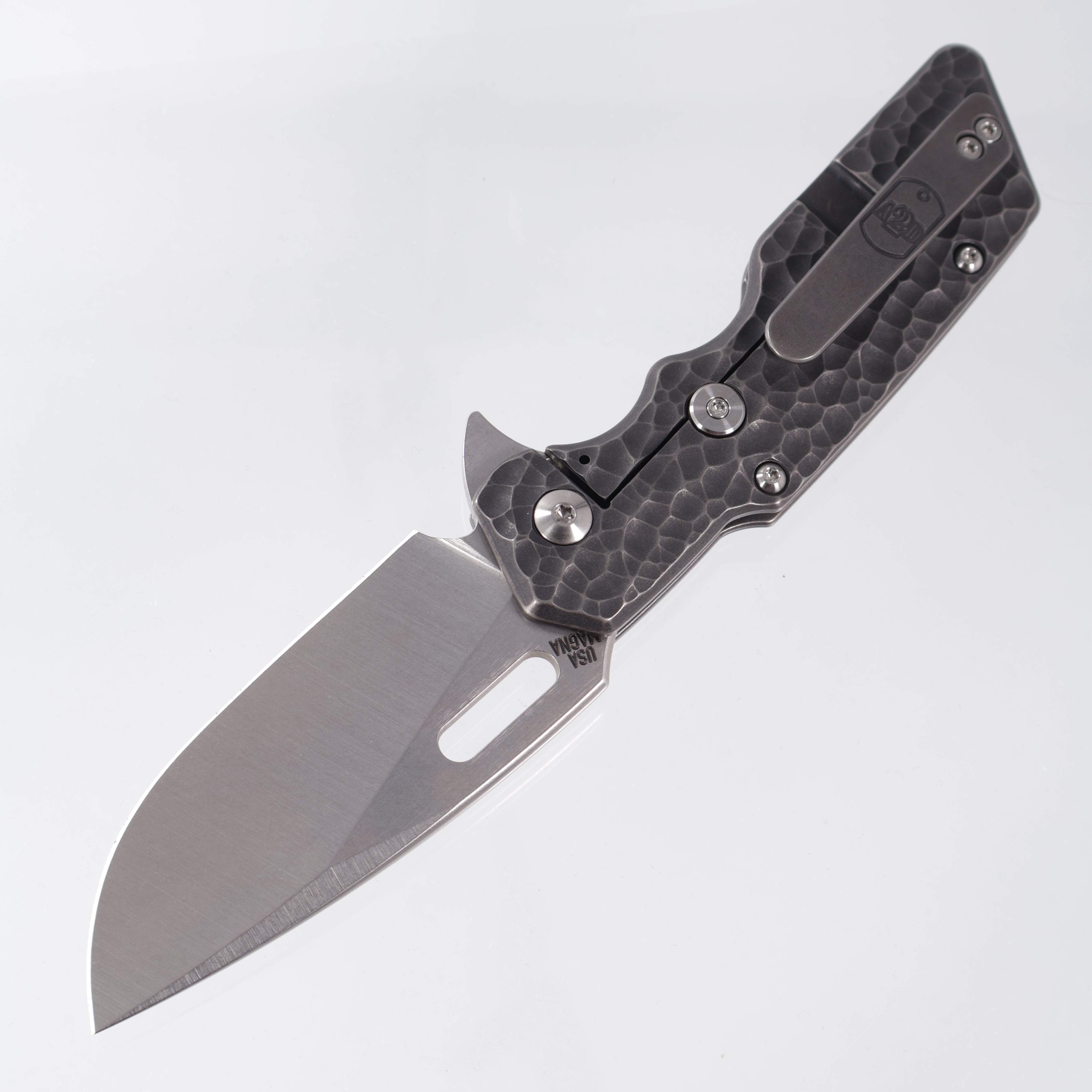 Attn2Detail Mercantile Mk.1 Large Gen4 Drop Point Rising Grind - Blackwash Hammered Titanium - Stonewash Satin Magnacut