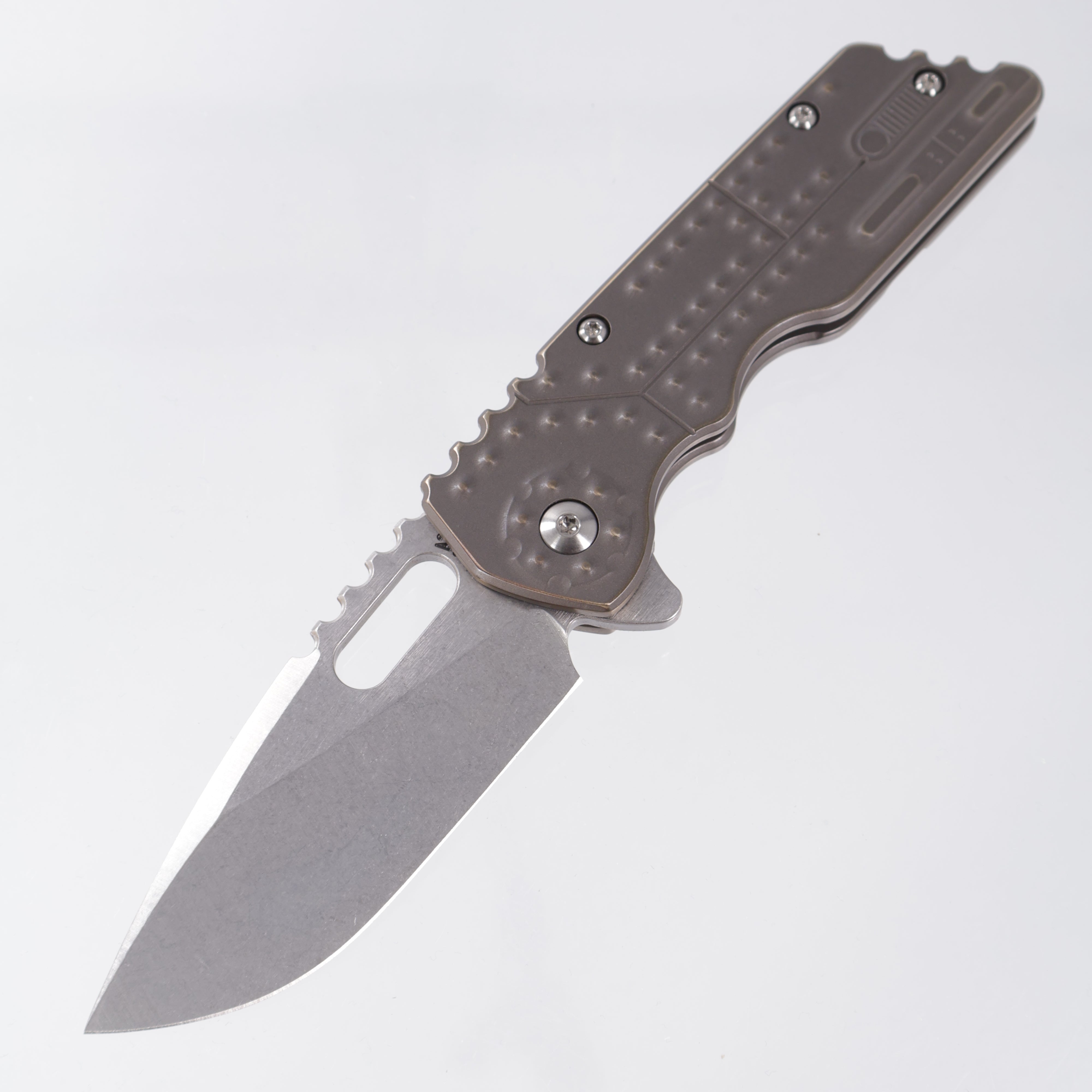 Attn2Detail Mercantile Mk.2 Large Gen4 Drop Point Rising Grind - Antique Bronze Ano Tank Machining Titanium - Stonewash Satin Magnacut