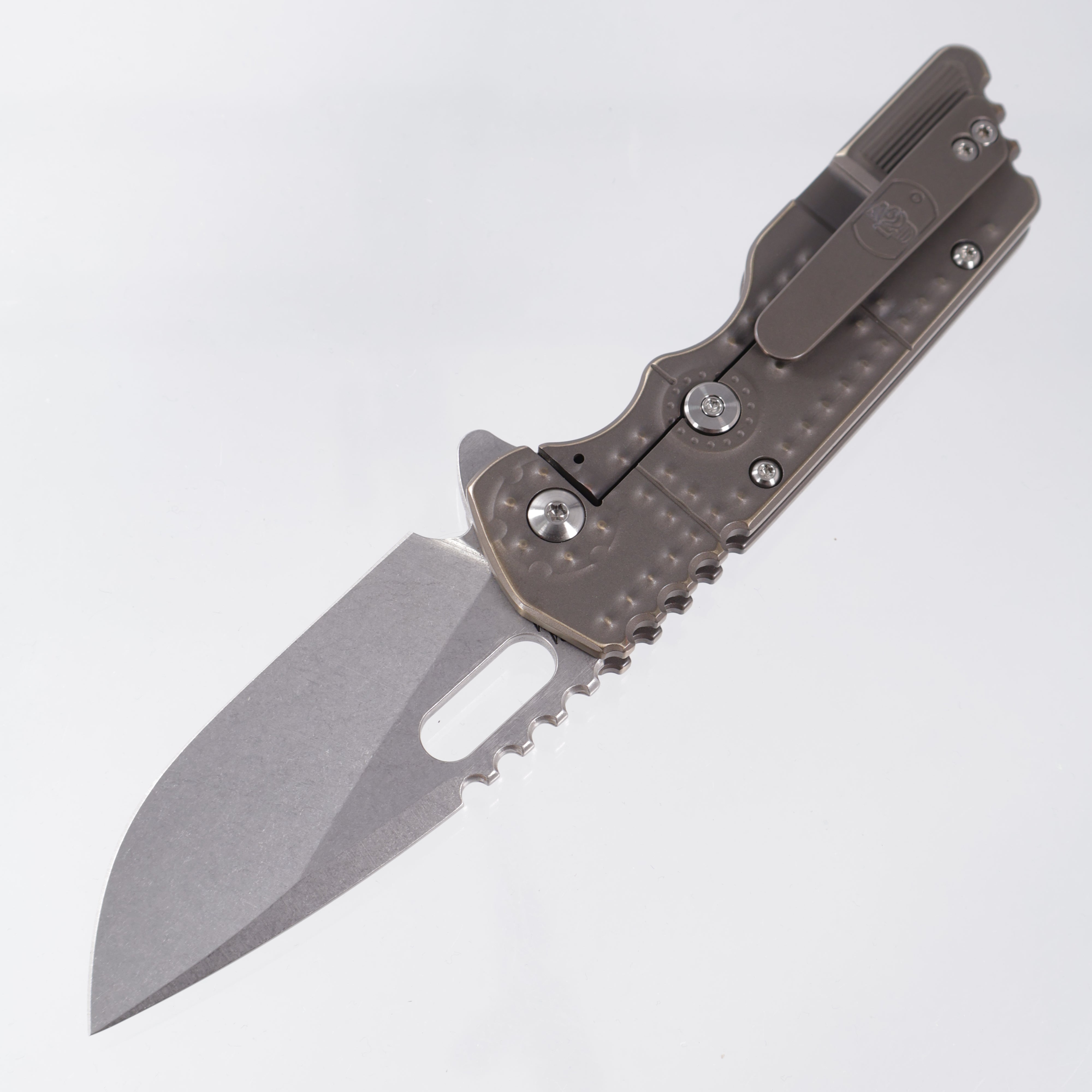 Attn2Detail Mercantile Mk.2 Large Gen4 Drop Point Rising Grind - Antique Bronze Ano Tank Machining Titanium - Stonewash Satin Magnacut