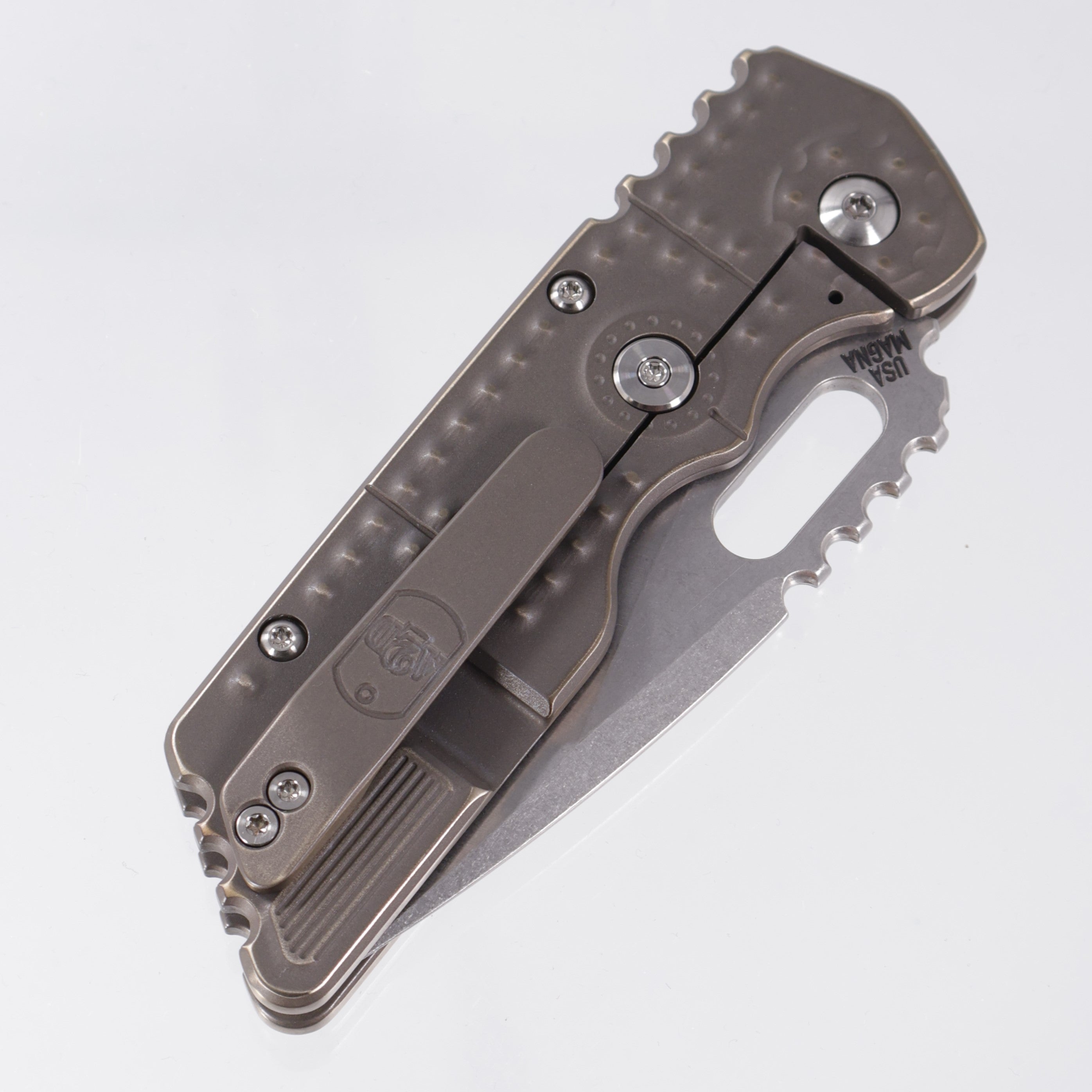 Attn2Detail Mercantile Mk.2 Large Gen4 Drop Point Rising Grind - Antique Bronze Ano Tank Machining Titanium - Stonewash Satin Magnacut