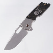 Attn2Detail Mercantile Mk.2 Large Gen4 Drop Point Rising Grind - Stonewash Titanium w/ Marbled Carbon Fiber Skull & Crossbones Inlay & Flamed Hardware - Stonewash Satin Magnacut