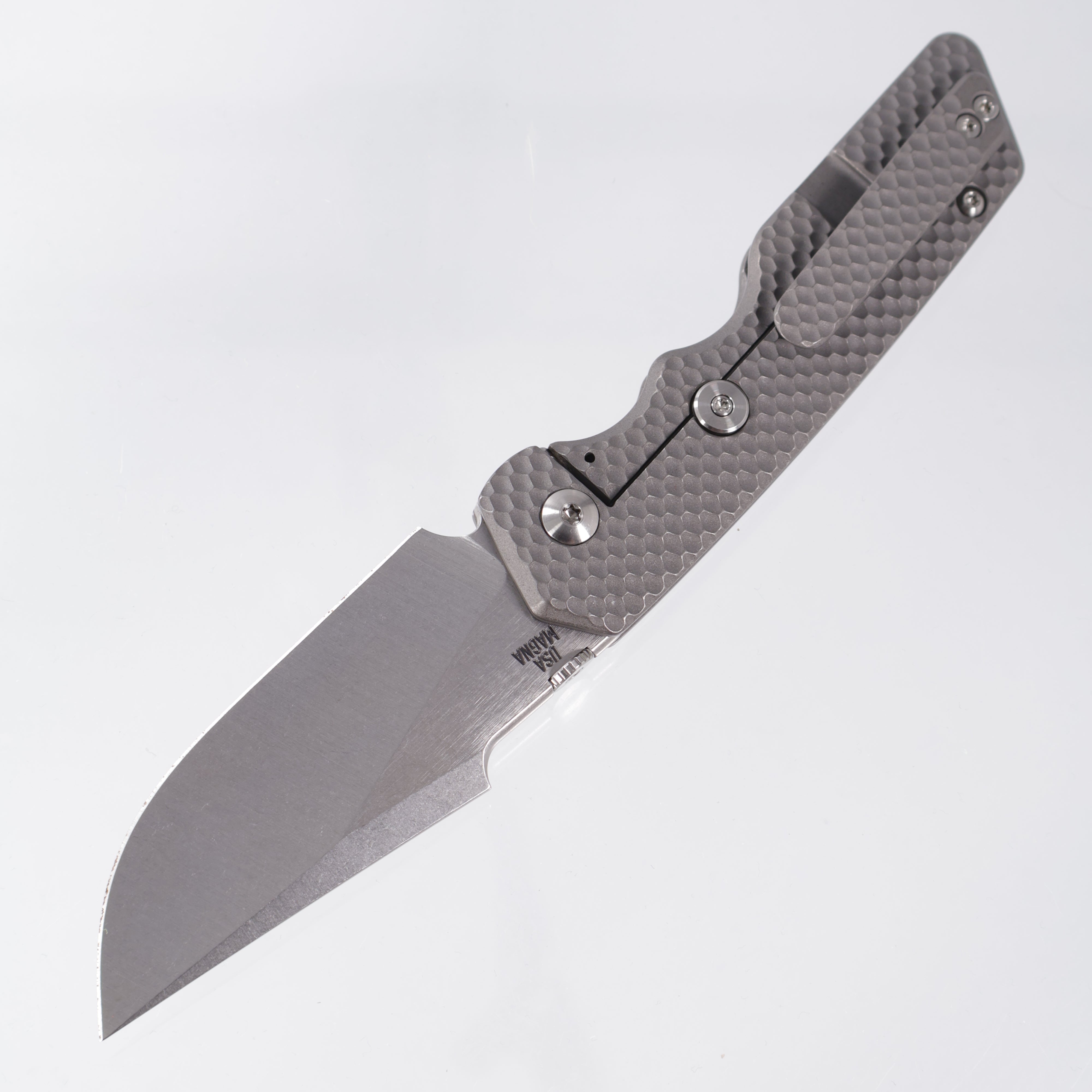Attn2Detail Mercantile Mk.3 Large Gen4 Harpoon Drop Point Rising Grind - Grey Stonewash Contoured Double Divot Titanium - Stonewash Satin Magnacut