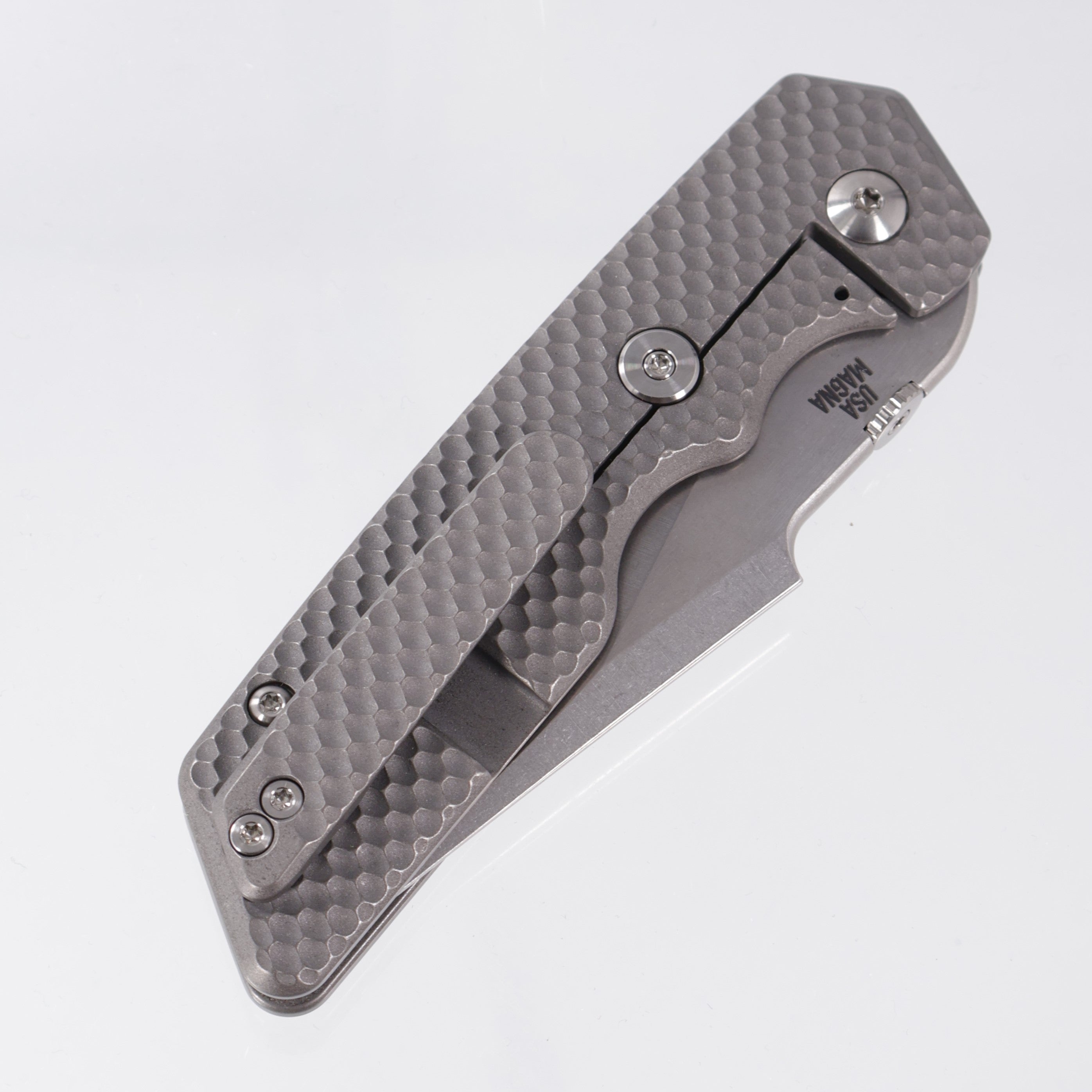 Attn2Detail Mercantile Mk.3 Large Gen4 Harpoon Drop Point Rising Grind - Grey Stonewash Contoured Double Divot Titanium - Stonewash Satin Magnacut