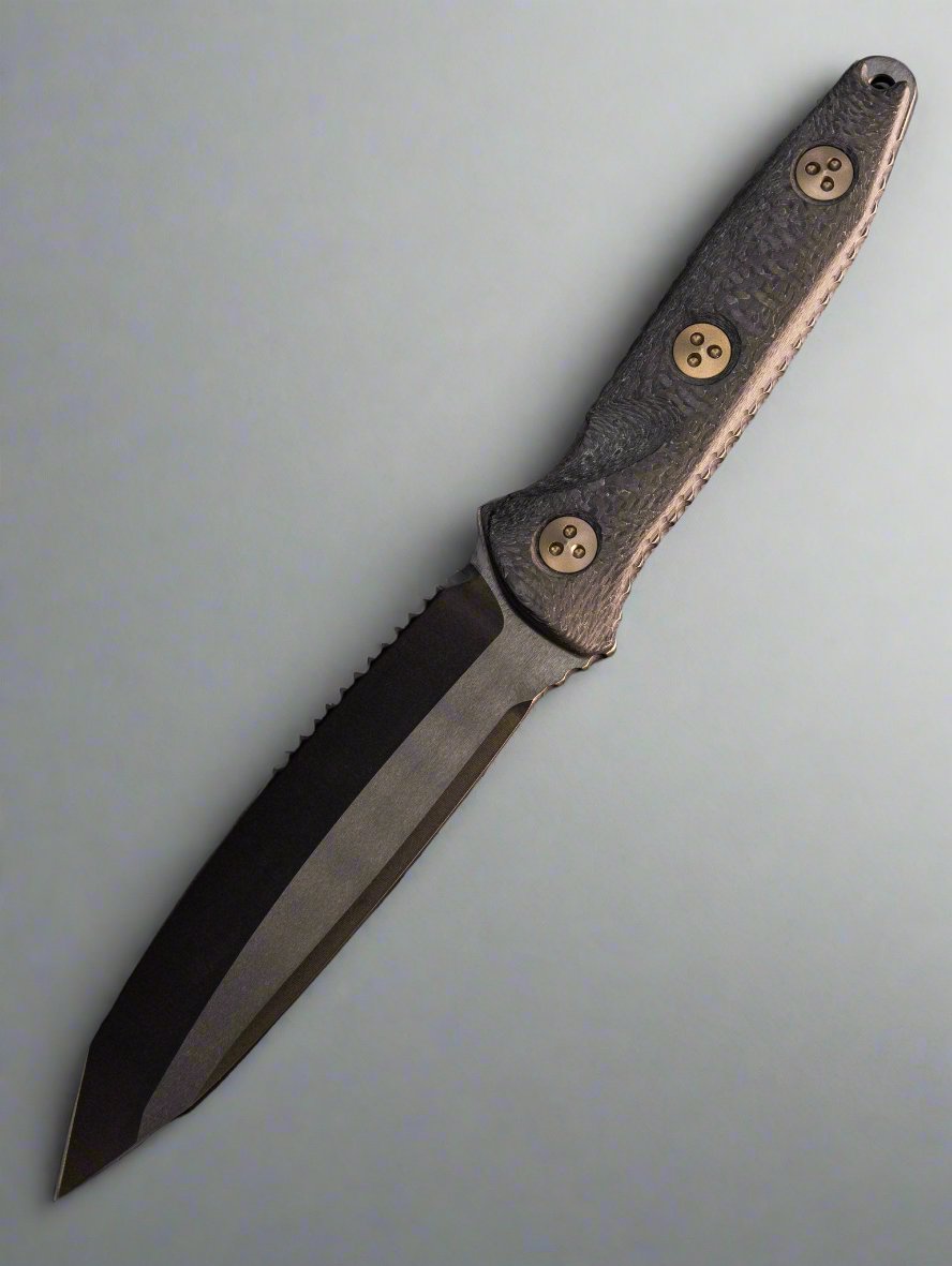 Microtech 114-2DLCCFS Signature Series Socom Alpha Fixed Blade Knife 5.45" Black DLC Tanto Combo Blade, Carbon Fiber Handles, Kydex Sheath