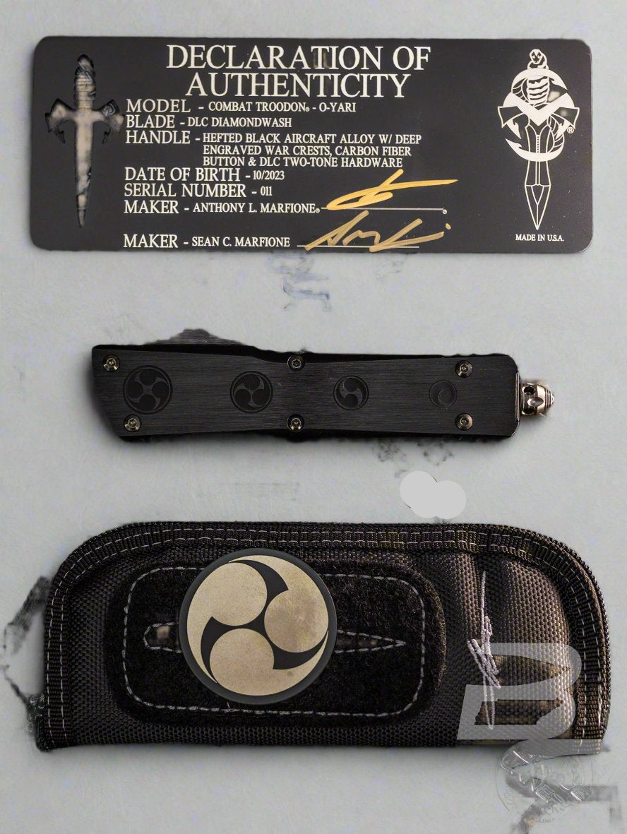 Marfione Custom Combat Troodon O-Yari DLC Diamondwash w/Deep Engraved War Crests Carbon Fiber Carbon Fiber Button DLC Two-Tone HW