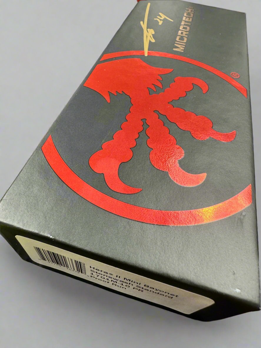 Pre Owned Like New Microtech Hera II Mini Bayonet Black Stonewash Standard Top Serrated Proof Run 1701M-10PR