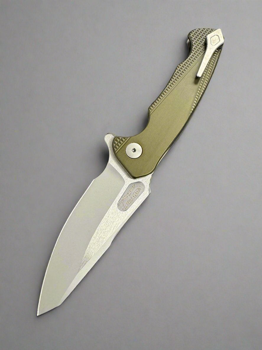 Dead Reckon Knives Ridgeback - Aluminum OD Green, Modified Blade Shape, Series 2, Body 1, Magnacut, Button Lock, Glass Bead Finish