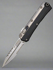 Microtech 184-12 Glykon AUTO OTF Knife 3.75" Stonewashed Double Combo Edge Bayonet Blade, Black Aluminum Handles with Titanium Overlays