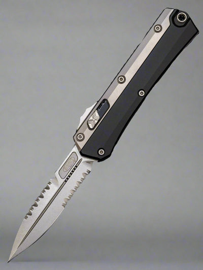 Microtech 184-12 Glykon AUTO OTF Knife 3.75" Stonewashed Double Combo Edge Bayonet Blade, Black Aluminum Handles with Titanium Overlays