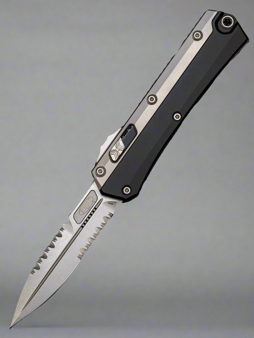 Microtech 184-12 Glykon AUTO OTF Knife 3.75" Stonewashed Double Combo Edge Bayonet Blade, Black Aluminum Handles with Titanium Overlays