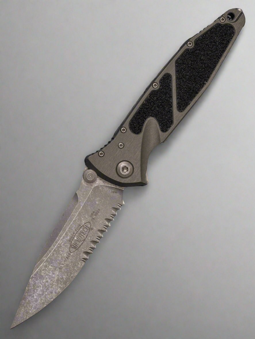 MICROTECH SOCOM ELITE MANUAL FOLDING KNIFE NATURAL Aluminum 4" CLIP POINT APOCALYPTIC STONEWASH SERRATED 160-11 APNC