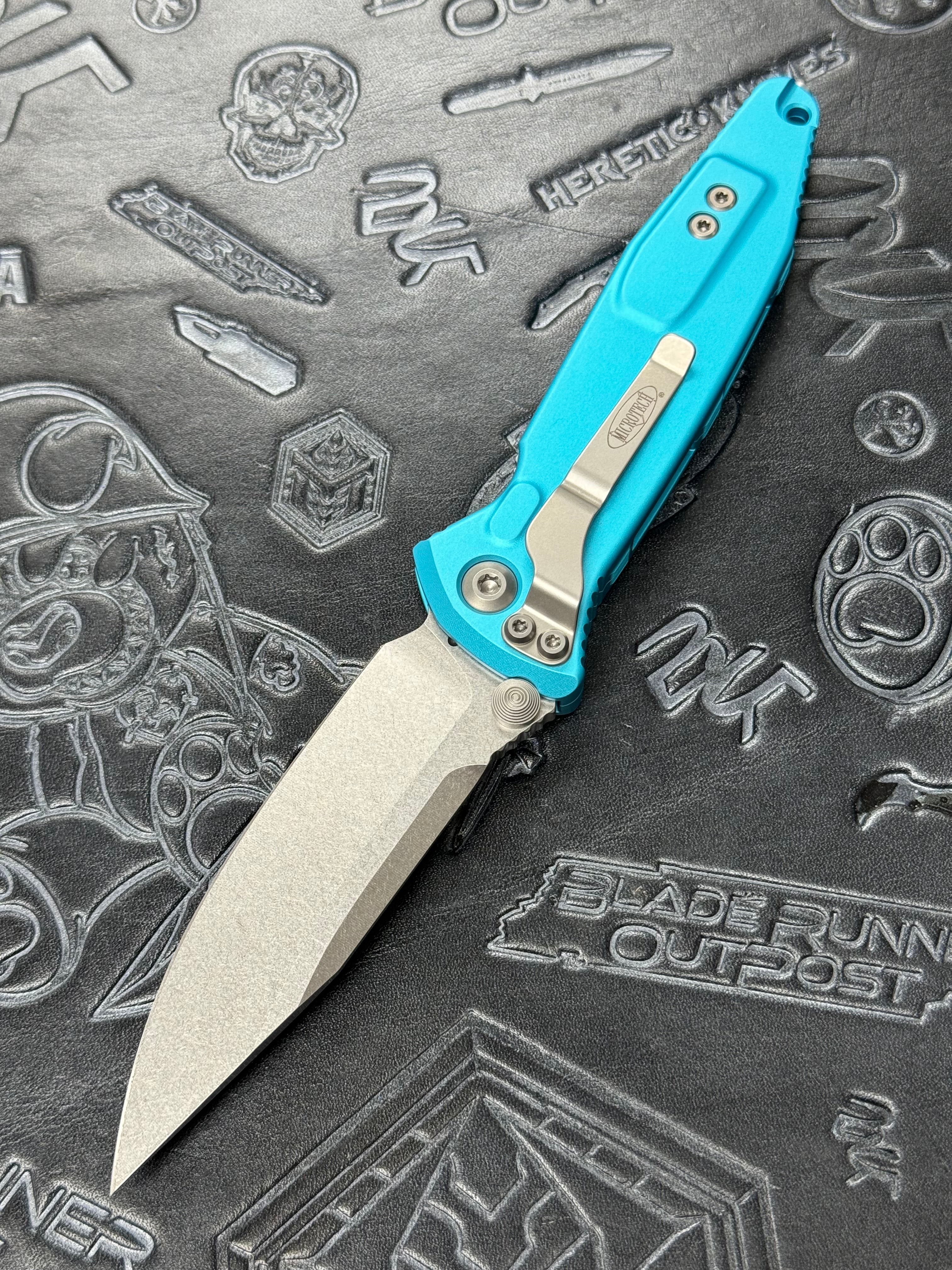 Microtech Socom Elite S/E Manual Turquoise Handles w/ Stonewash 160-10 TQ