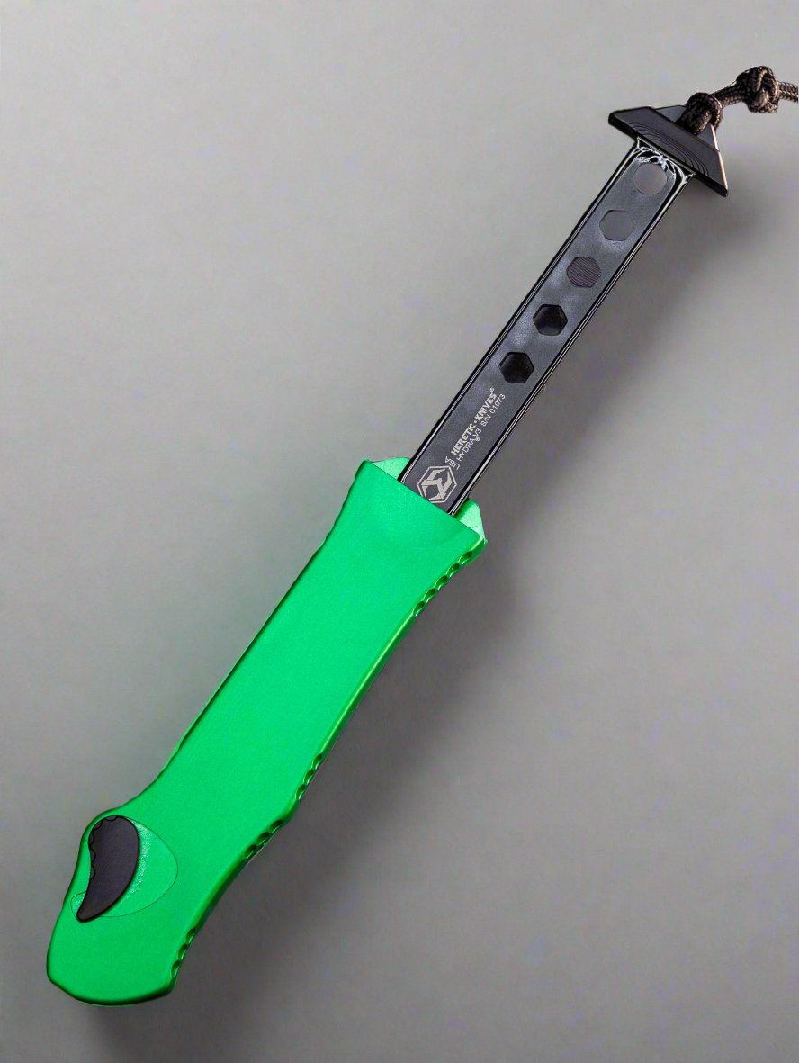Heretic Hydra V3 Toxic Green Aluminum Handle & 2 Tone DLC Tanto Full Serrated MagnaCut  H006-11C-TXGRN