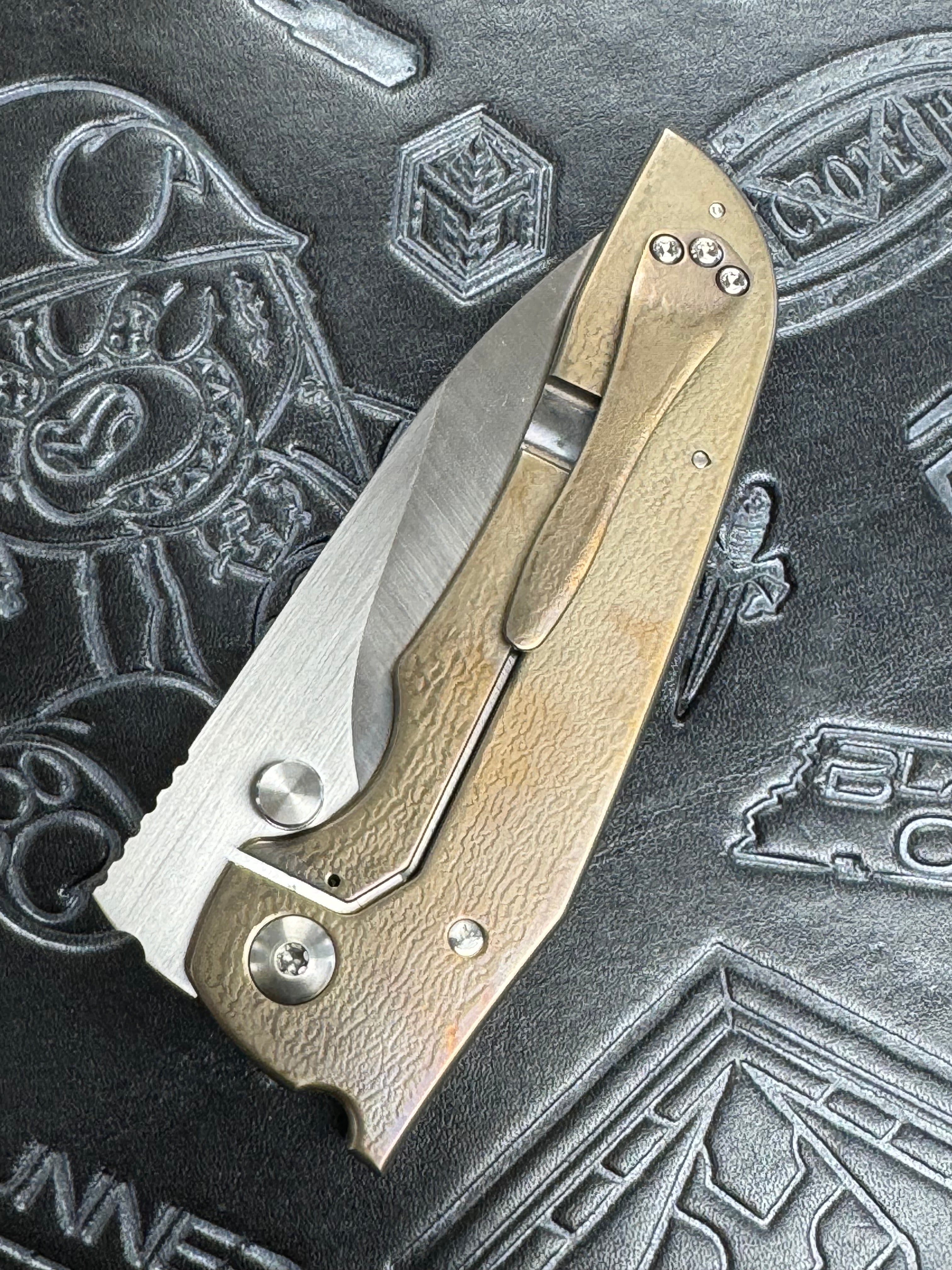 John Gray PHAT THUCK Satin Finish Magnacut Blade, Anodized Titanium Handles With Copper Foil Inlay