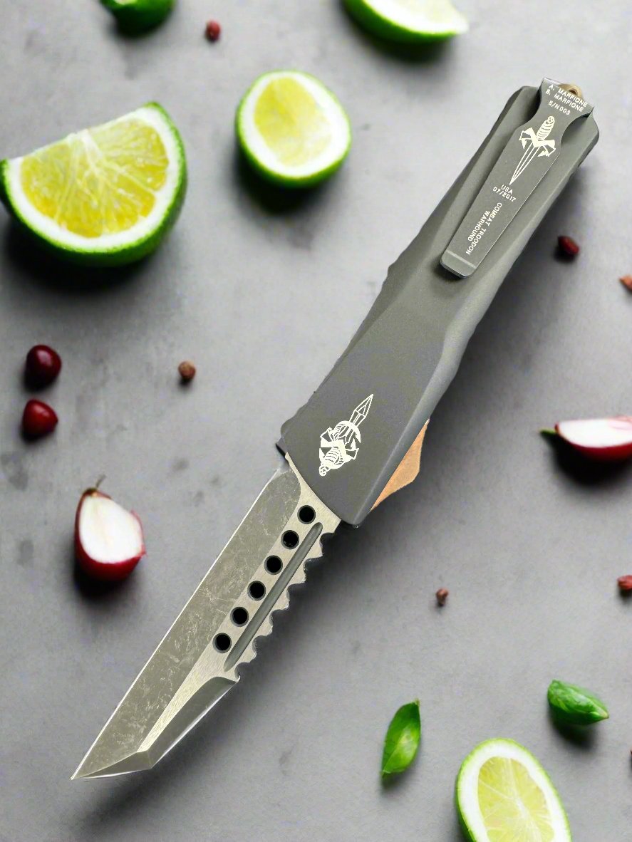 Pre Owned Marfione Custom Knives Combat Troodon Warhound, Two Tone Dark Matter, Copper Accents SN:003