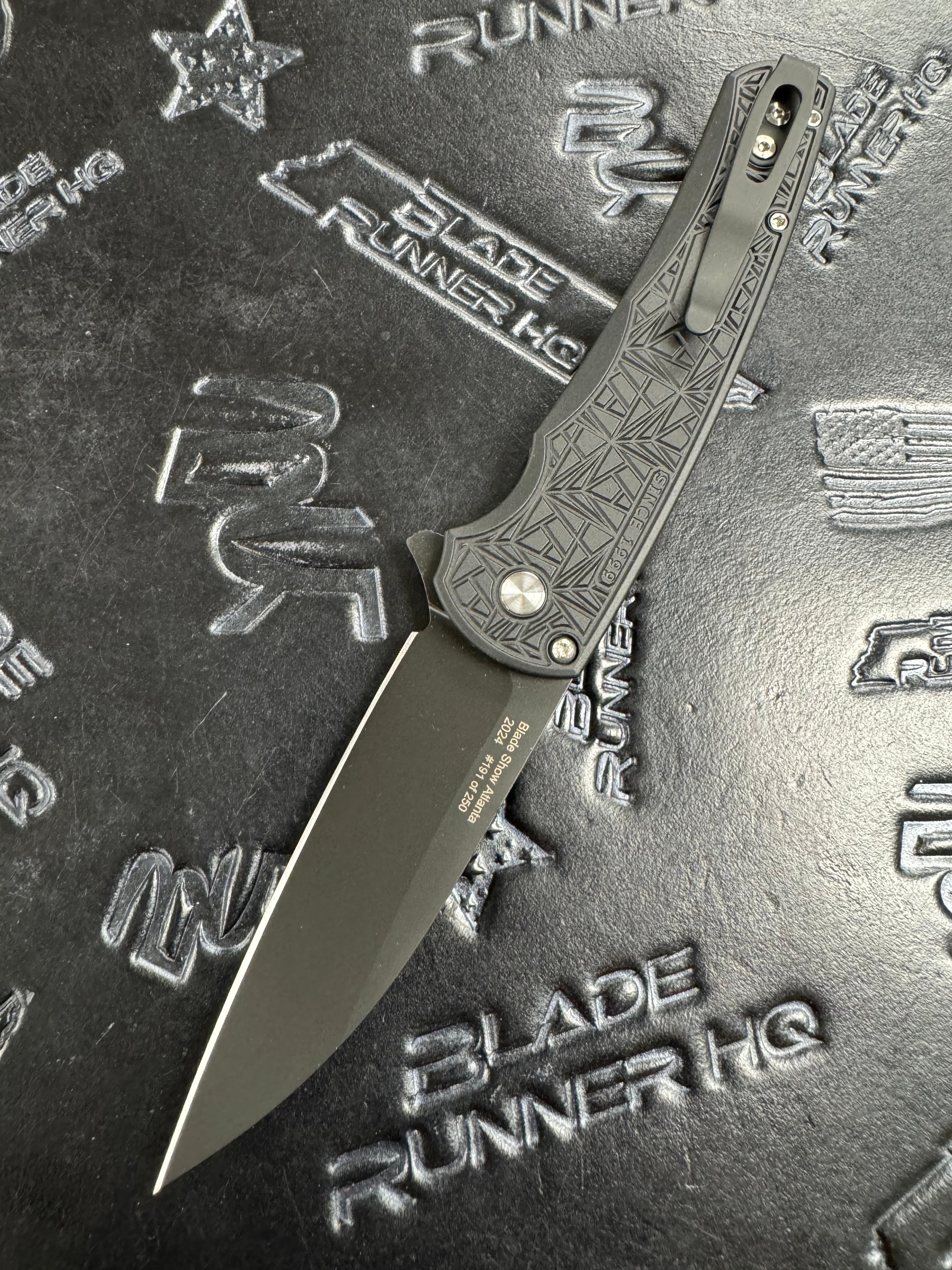 Protech Malibu Blade Show ATL 2024 Black Handle w Nexus ‘99 Texture MOP Button DLC Black Magnacut Wharncliffe /250