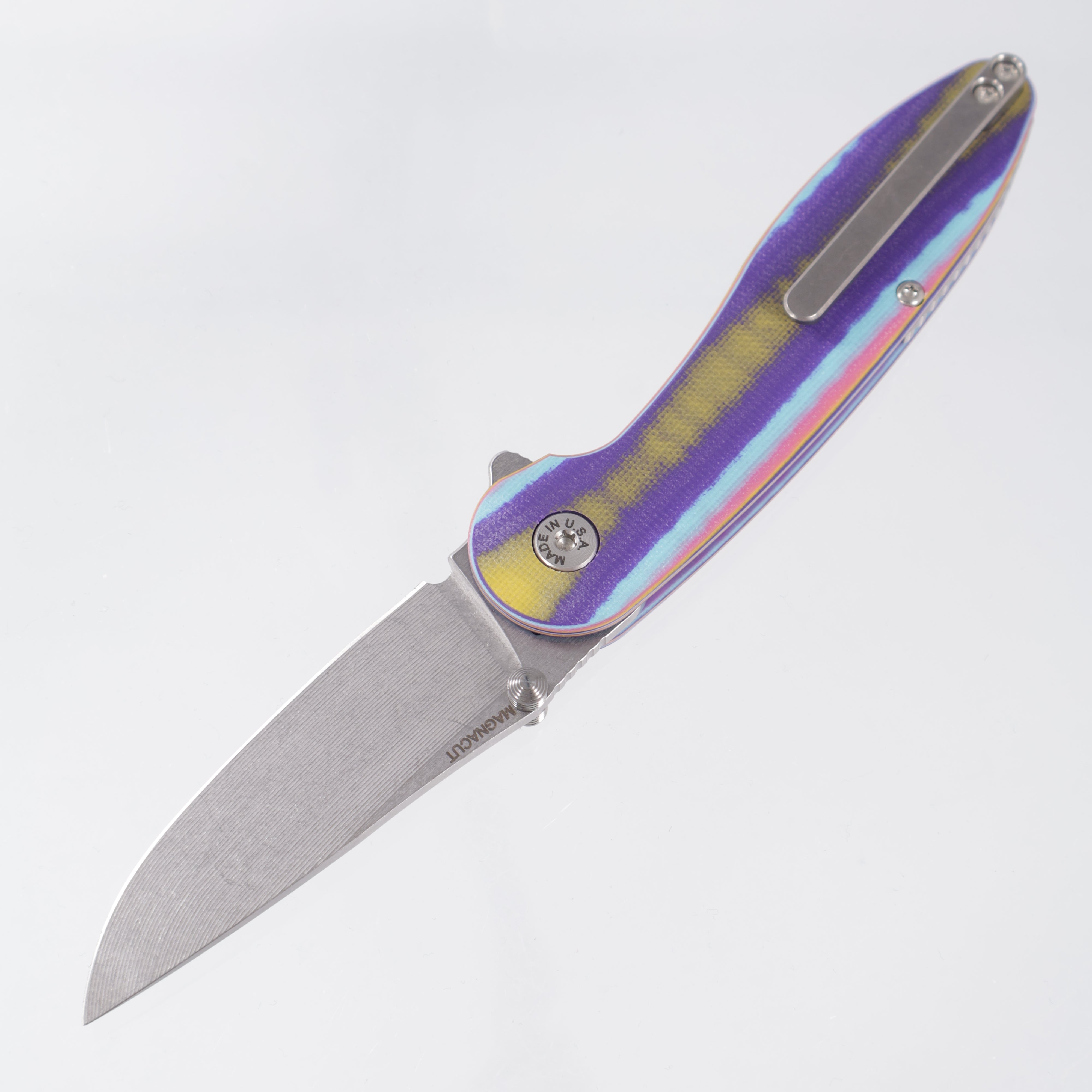 American Blade Works Model 1 V7 Drop Point - Yellow/Purple/Blue/Pink G10 - Stonewash Magnacut