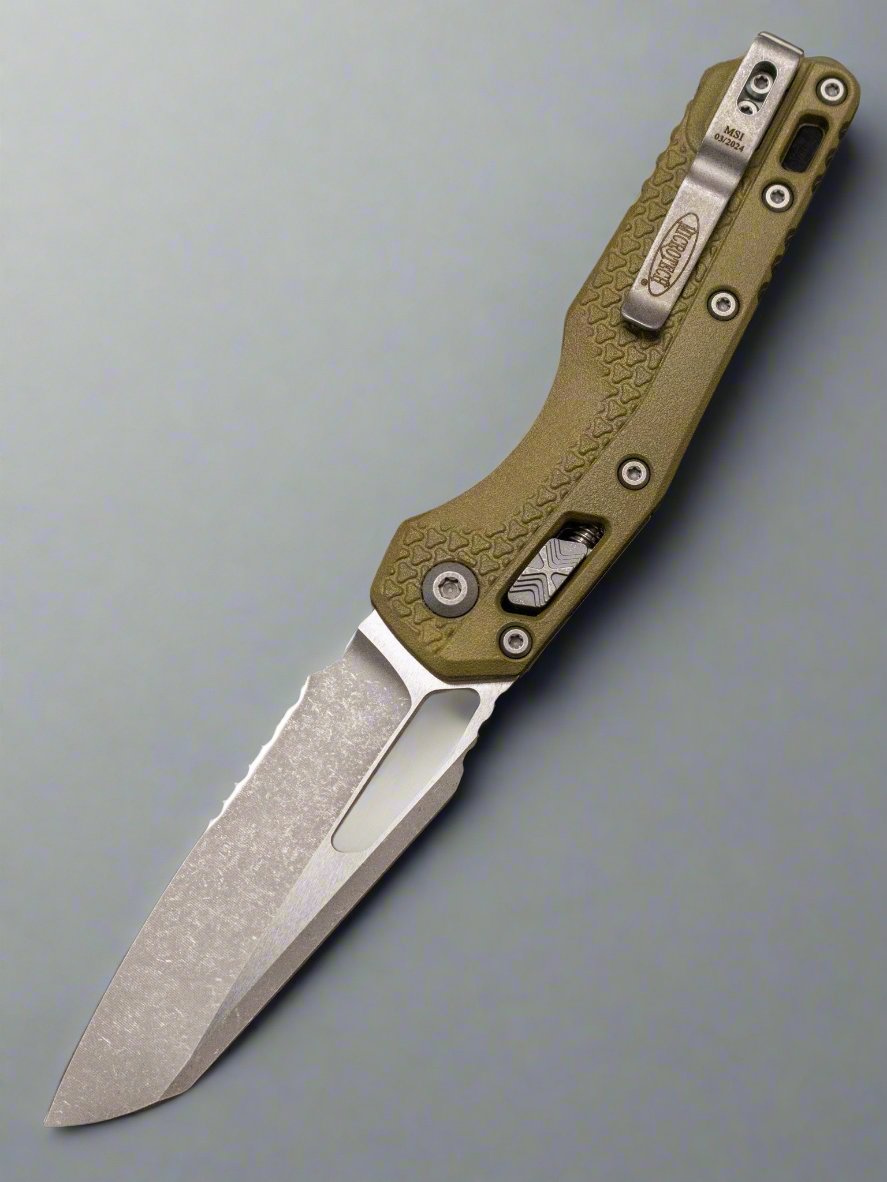 MICROTECH KNIVES- M.S.I. RAM-LOK FOLDER- OD Green TRI-GRIP INJECTION MOLDED HANDLE- APOCALYPTIC PART SERRATED EDGE BLADE 210T-11 APPMOD