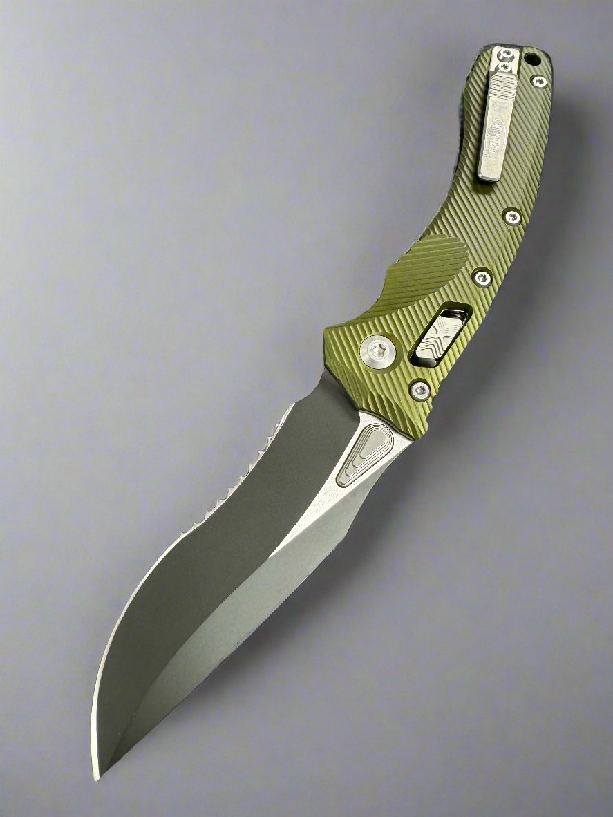 Microtech Amphibian RAM LOK OD Green Fluted Aluminum & Black Partial Serrated M390MK 137RL-2 FLOD