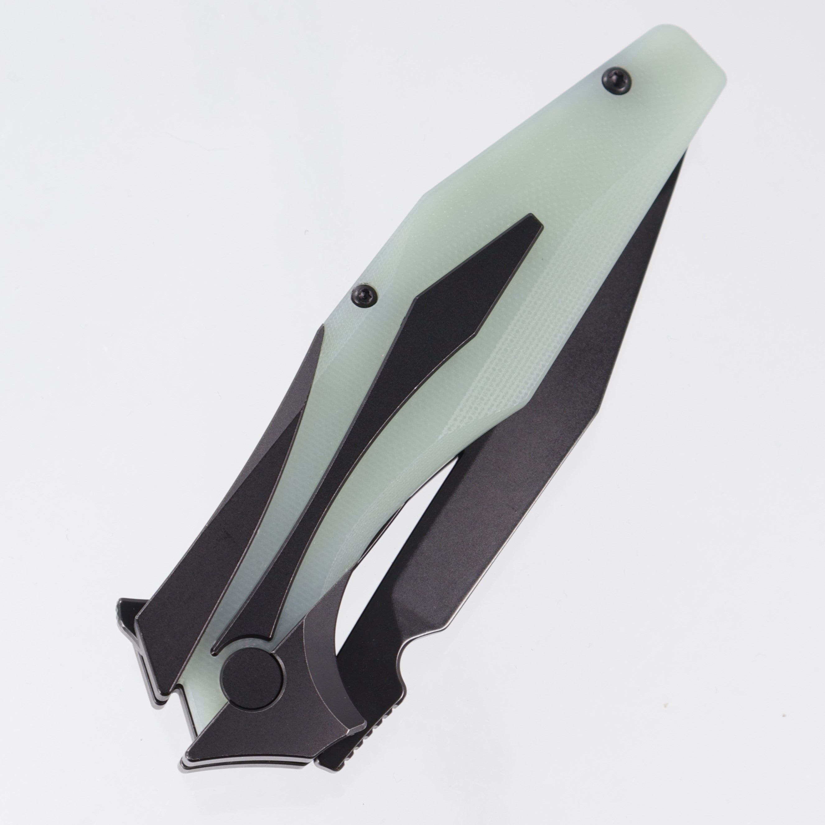 Arcane Design x Isham Bladeworks Plexus - Black PVD Titanium w/ Jade G10 - Black PVD Magnacut