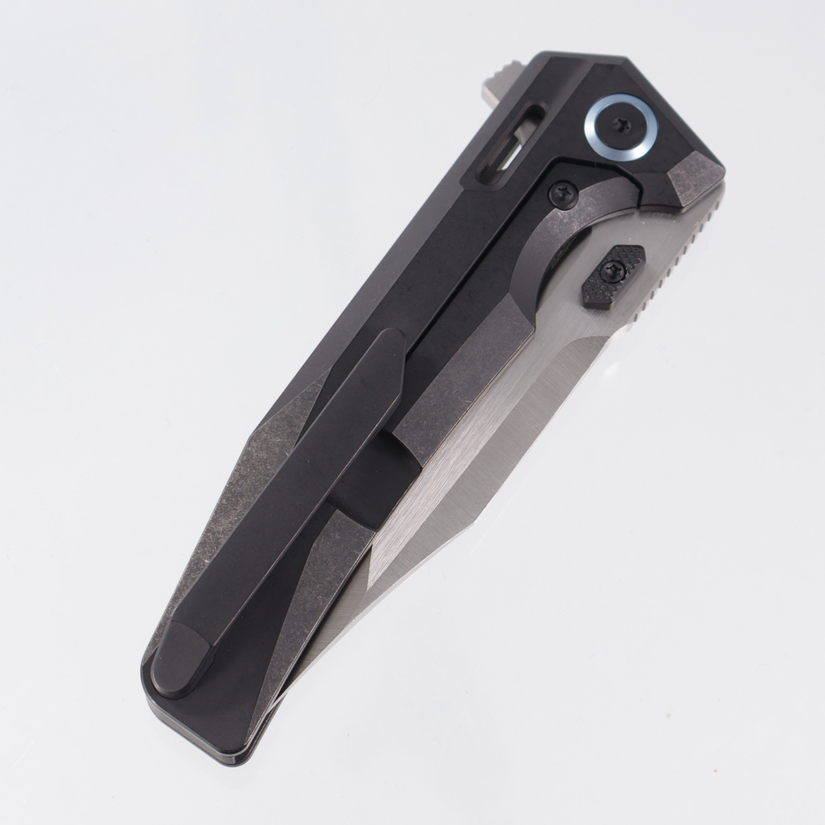 Arcane Design Abyss V2 - Black PVD Titanium w/ Blue Ti Pivot Collars - Satin Magnacut
