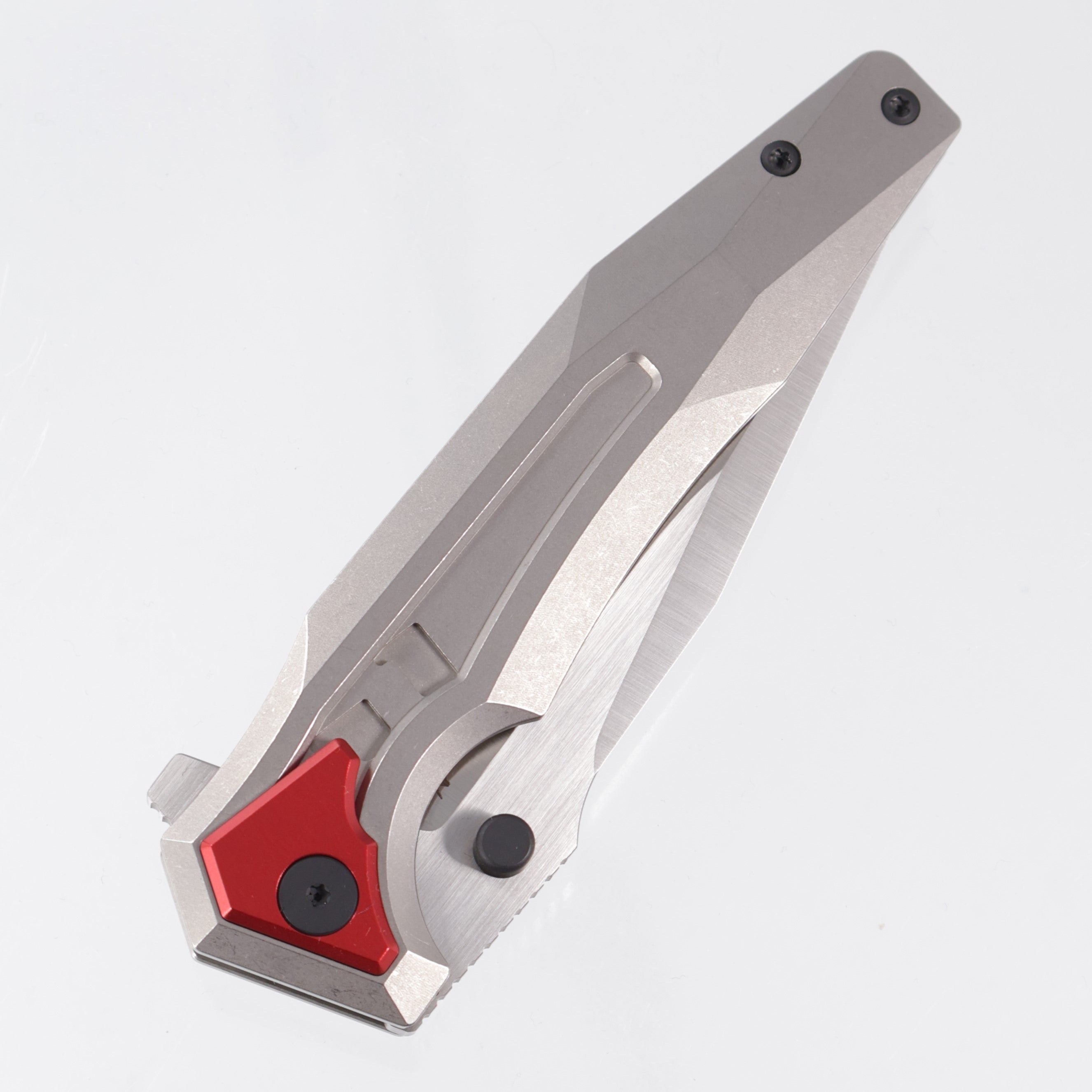 Arcane Design Creature Drop Point - Stonewash Titanium w/ Red Aluminum Pivot Collars - Satin 20CV