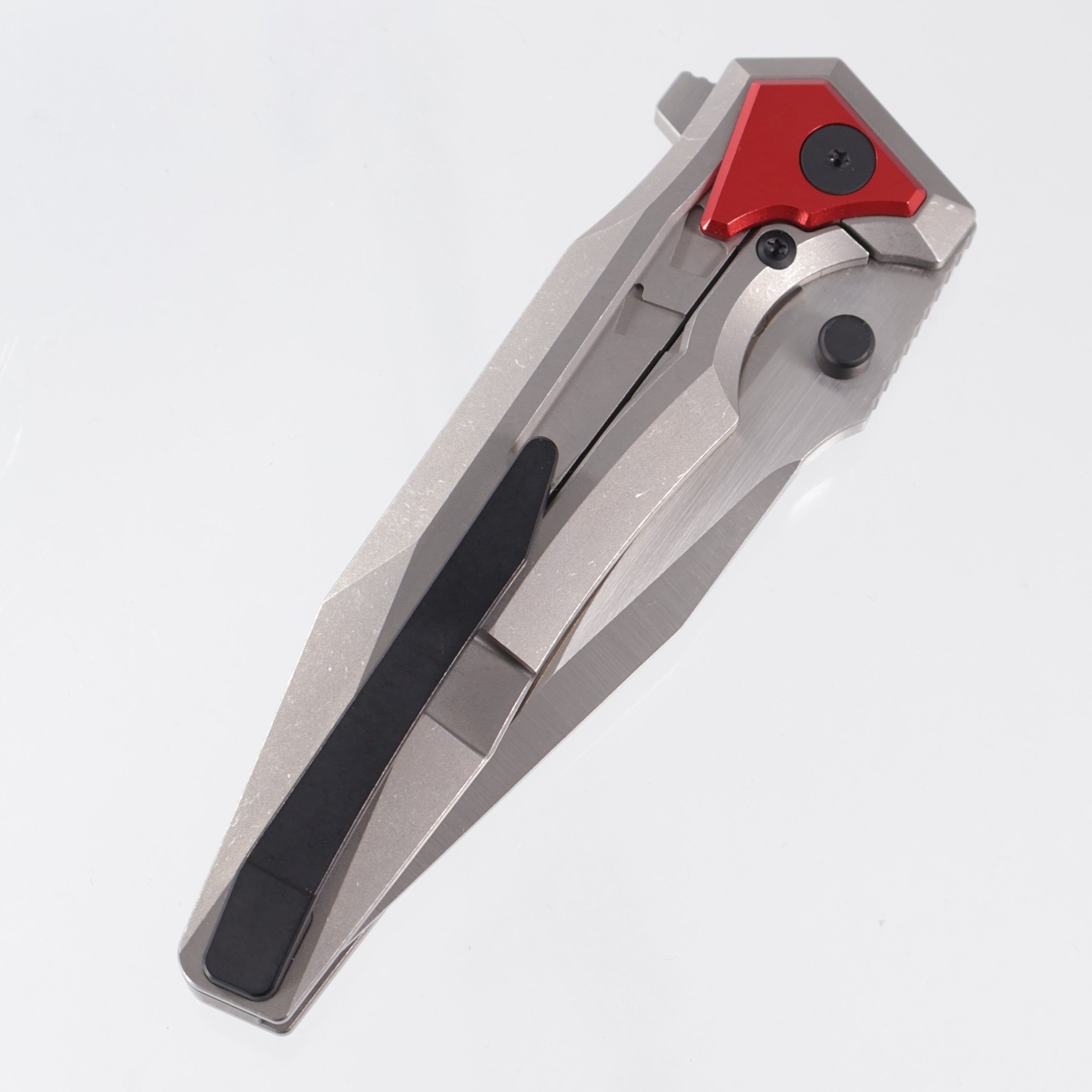 Arcane Design Creature Drop Point - Stonewash Titanium w/ Red Aluminum Pivot Collars - Satin 20CV