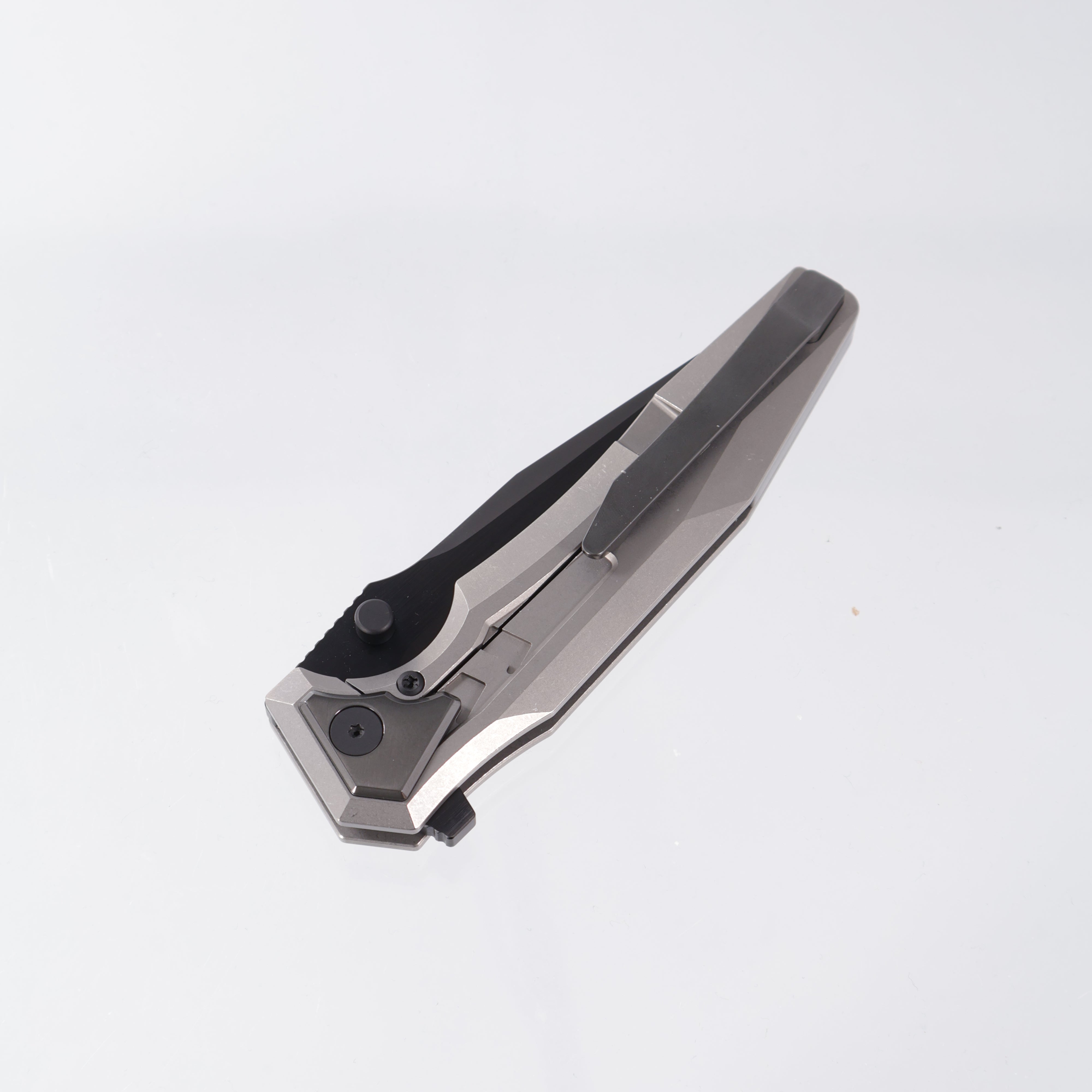 Arcane Design The CREATURE - Silver Screen Edition - Tanto Satin DLC 20CV - Titanium w/ Polished Zirc Collars, Clip, & Backspacer