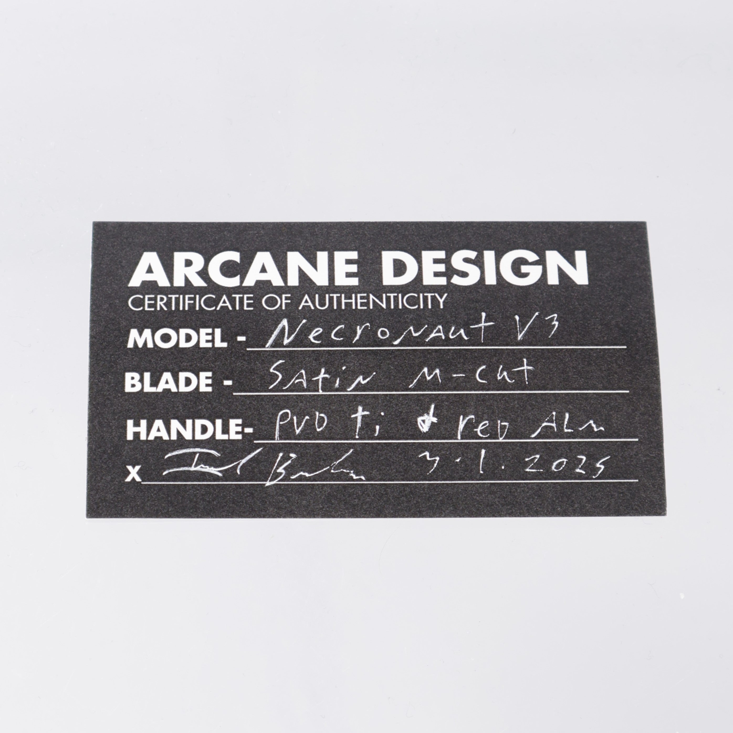 Arcane Design NECRONAUT V3 - Satin Magnacut - PVD Titanium & Red Aluminum Bolsters