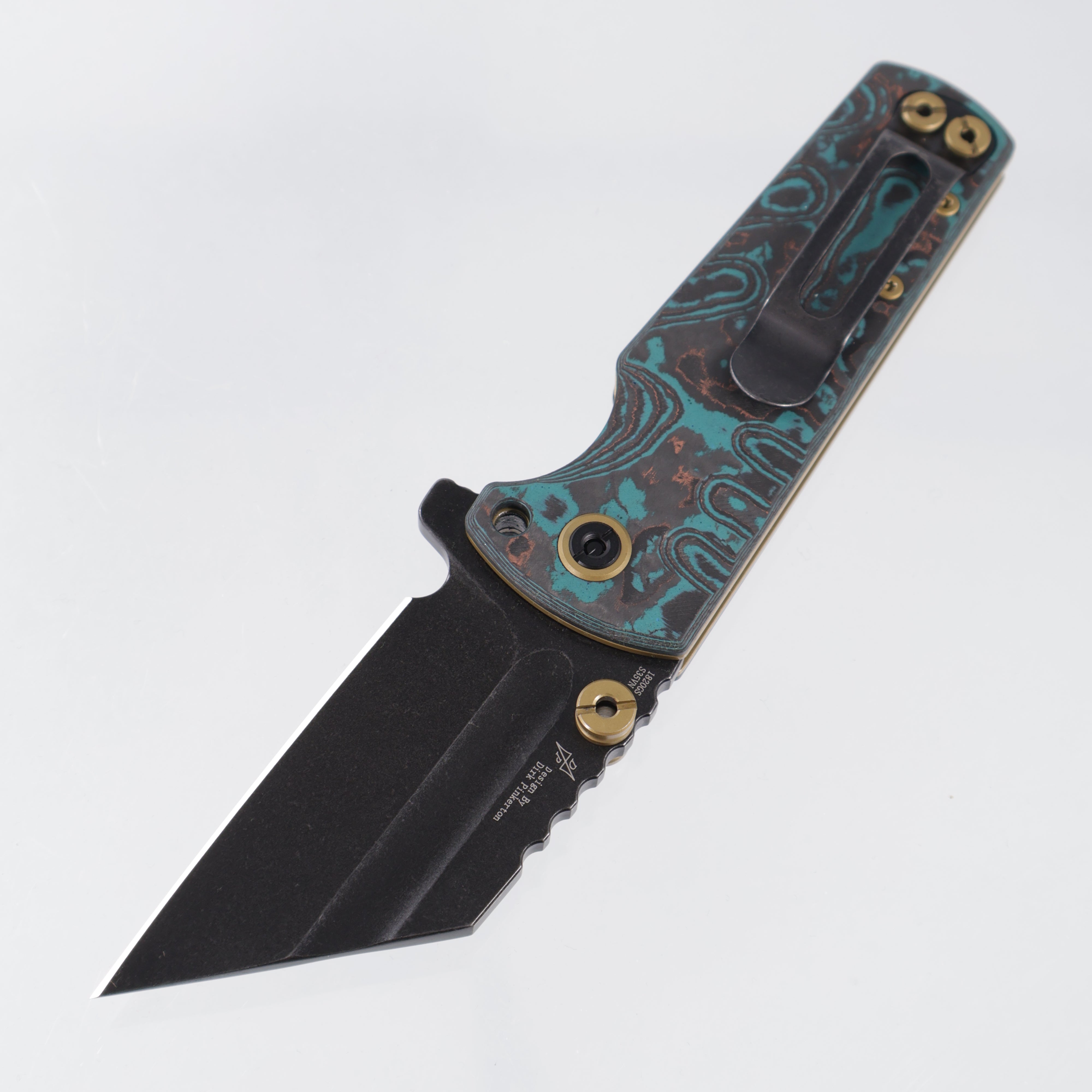 Artisan Cutlery Mini Proponent - Shipwreck Camo Carbon w/ Gold Accents - Black Stonewash S35VN - 1820S-CC - BROP Exclusive