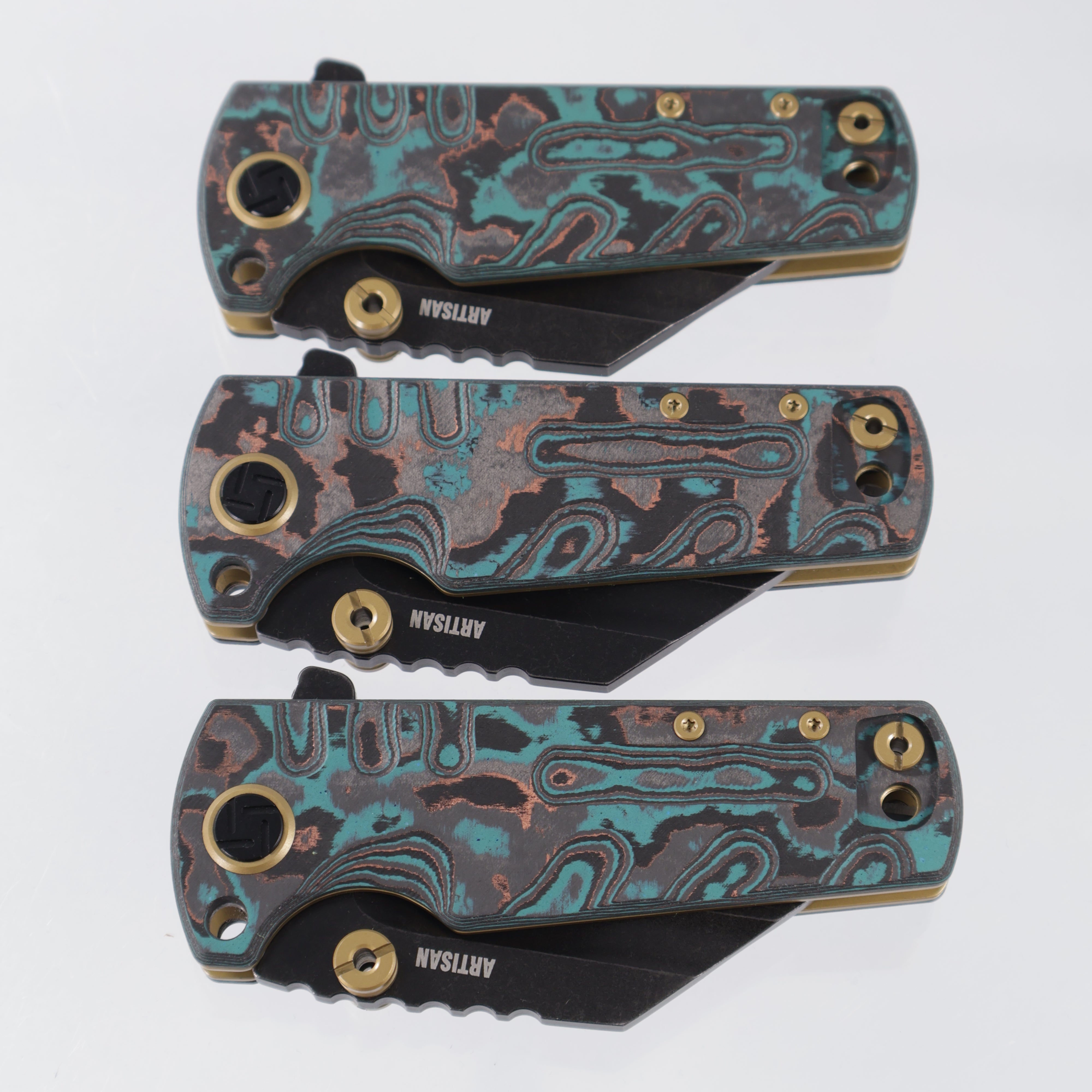 Artisan Cutlery Mini Proponent - Shipwreck Camo Carbon w/ Gold Accents - Black Stonewash Full Serrate S35VN - 1820S-CCS - BROP Exclusive