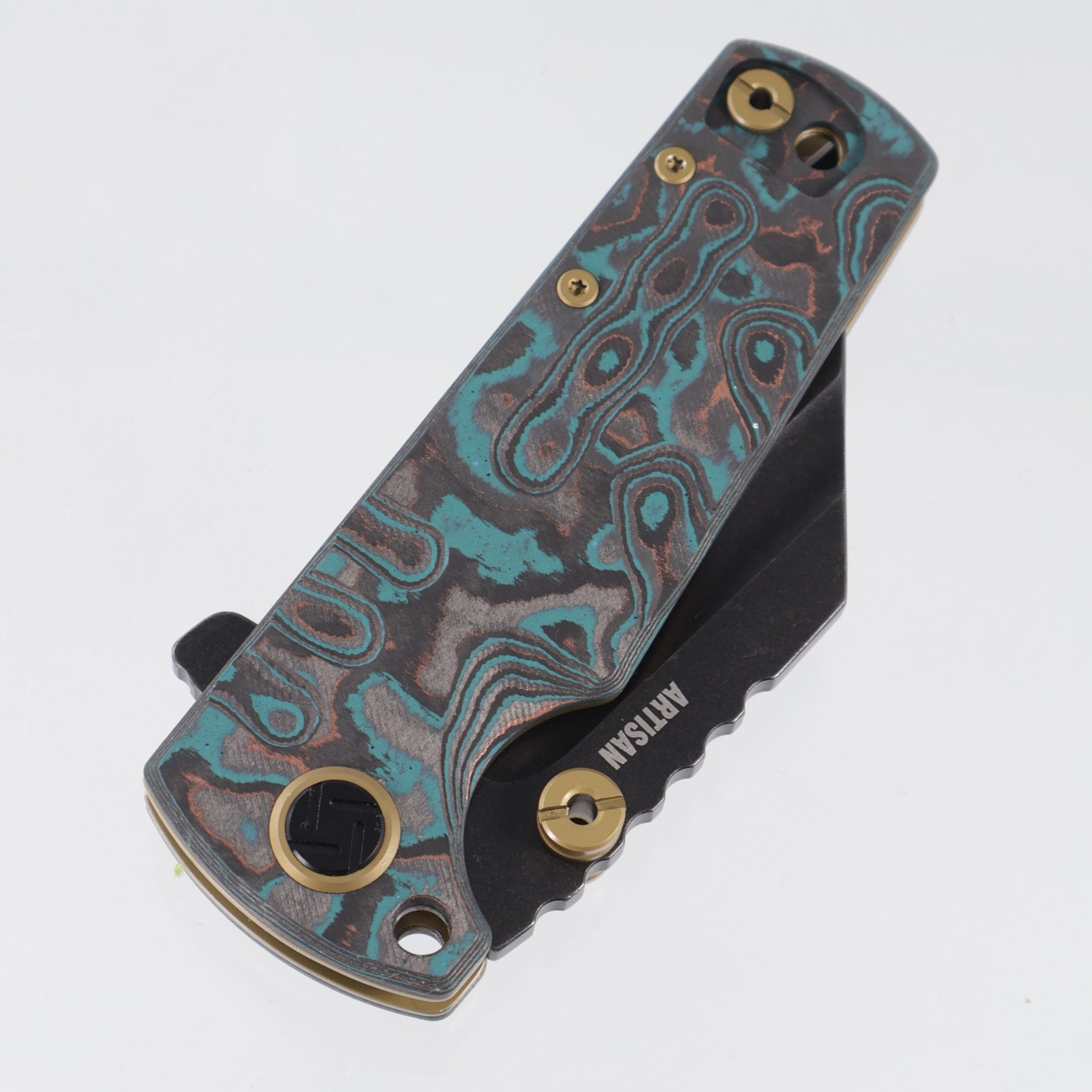 Artisan Cutlery Mini Proponent - Shipwreck Camo Carbon w/ Gold Accents - Black Stonewash S35VN - 1820S-CC - BROP Exclusive