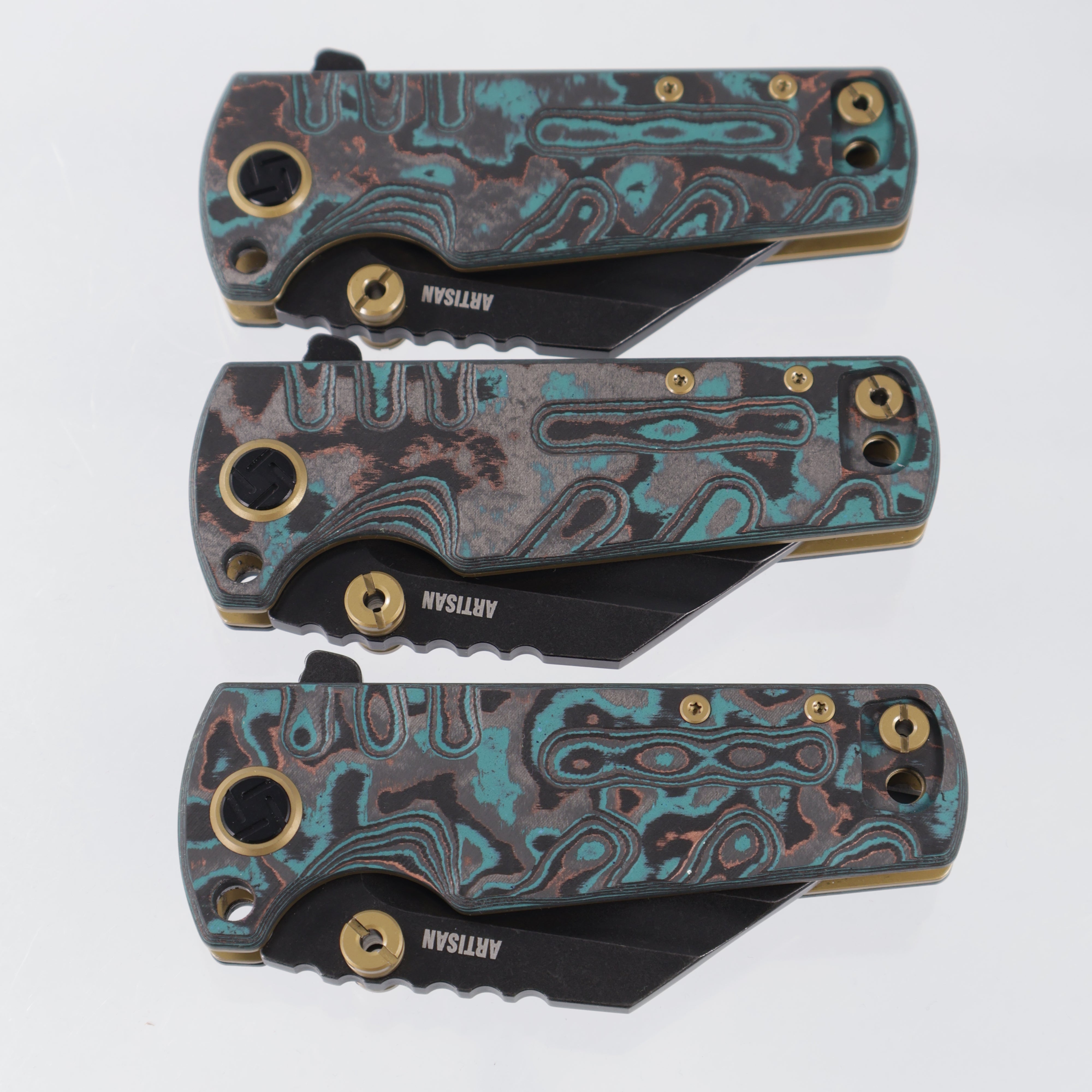 Artisan Cutlery Mini Proponent - Shipwreck Camo Carbon w/ Gold Accents - Black Stonewash S35VN - 1820S-CC - BROP Exclusive