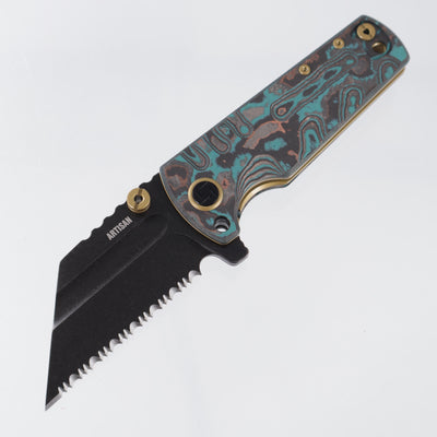 Artisan Cutlery Mini Proponent - Shipwreck Camo Carbon w/ Gold Accents - Black Stonewash Full Serrate S35VN - 1820S-CCS - BROP Exclusive