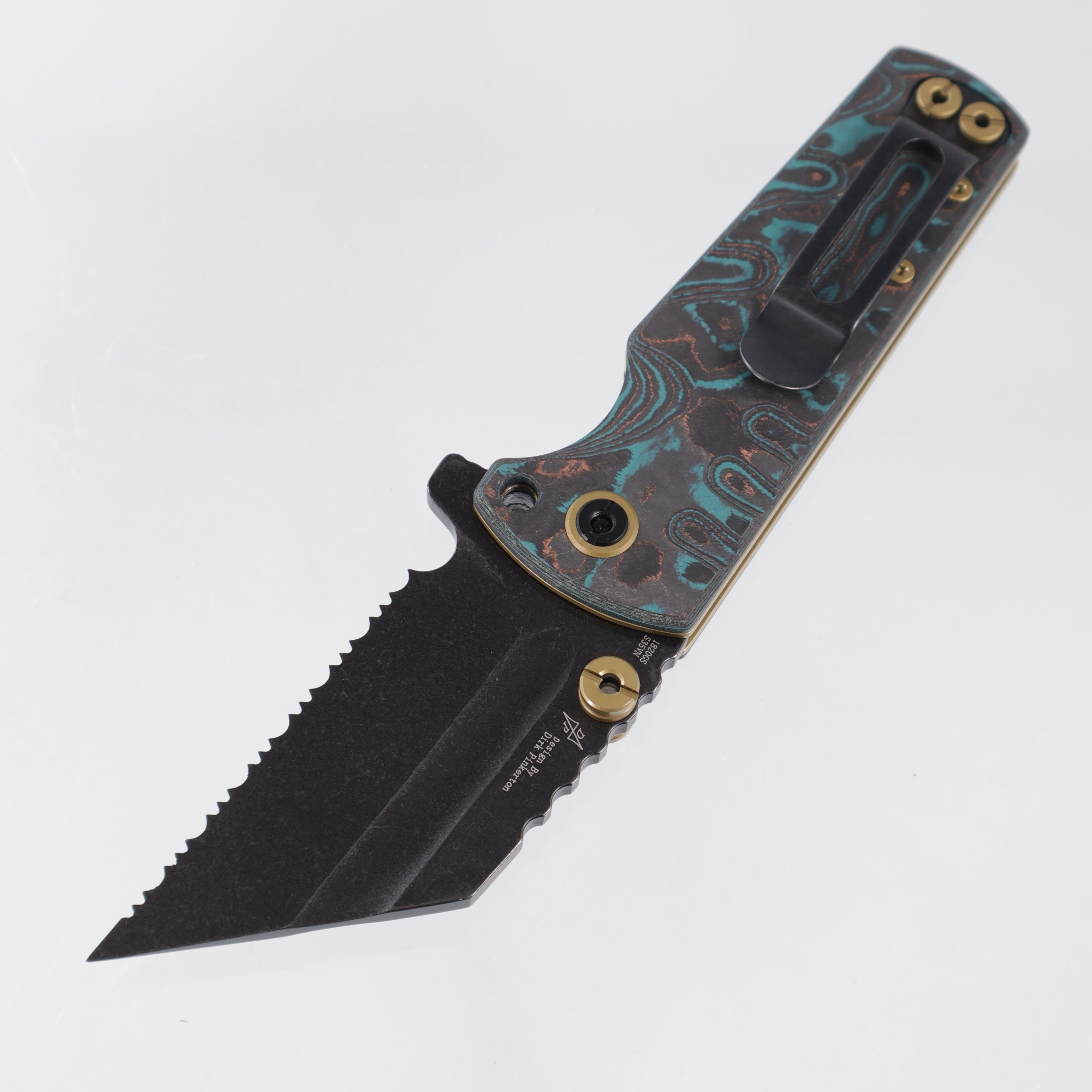 Artisan Cutlery Mini Proponent - Shipwreck Camo Carbon w/ Gold Accents - Black Stonewash Full Serrate S35VN - 1820S-CCS - BROP Exclusive