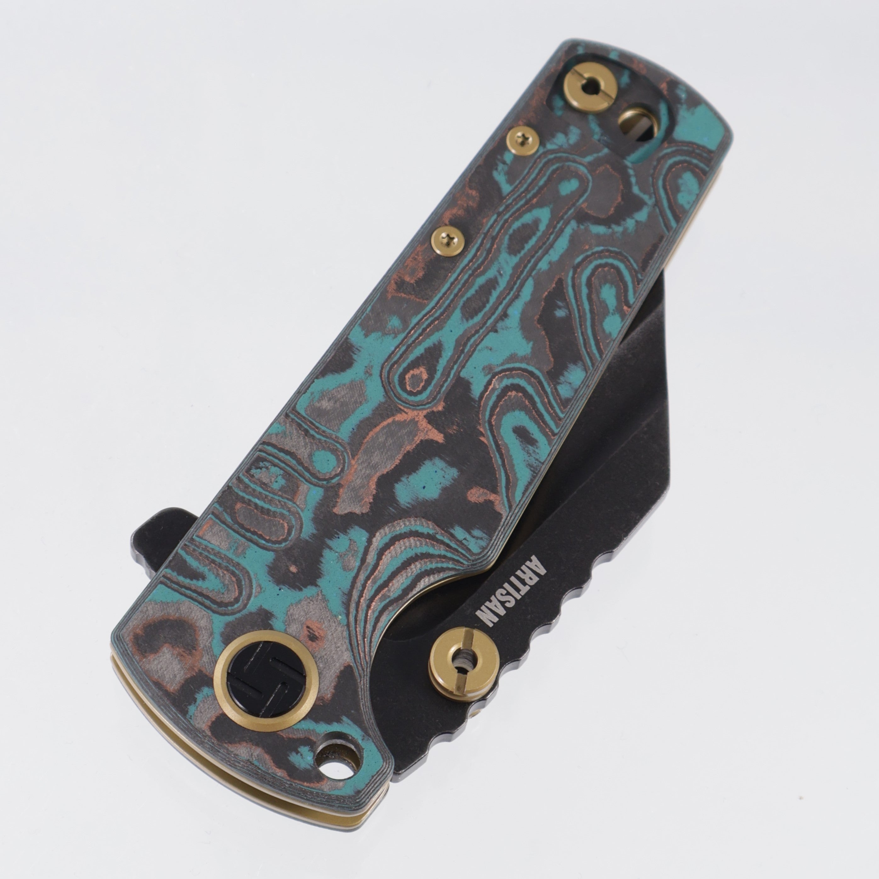 Artisan Cutlery Mini Proponent - Shipwreck Camo Carbon w/ Gold Accents - Black Stonewash Full Serrate S35VN - 1820S-CCS - BROP Exclusive