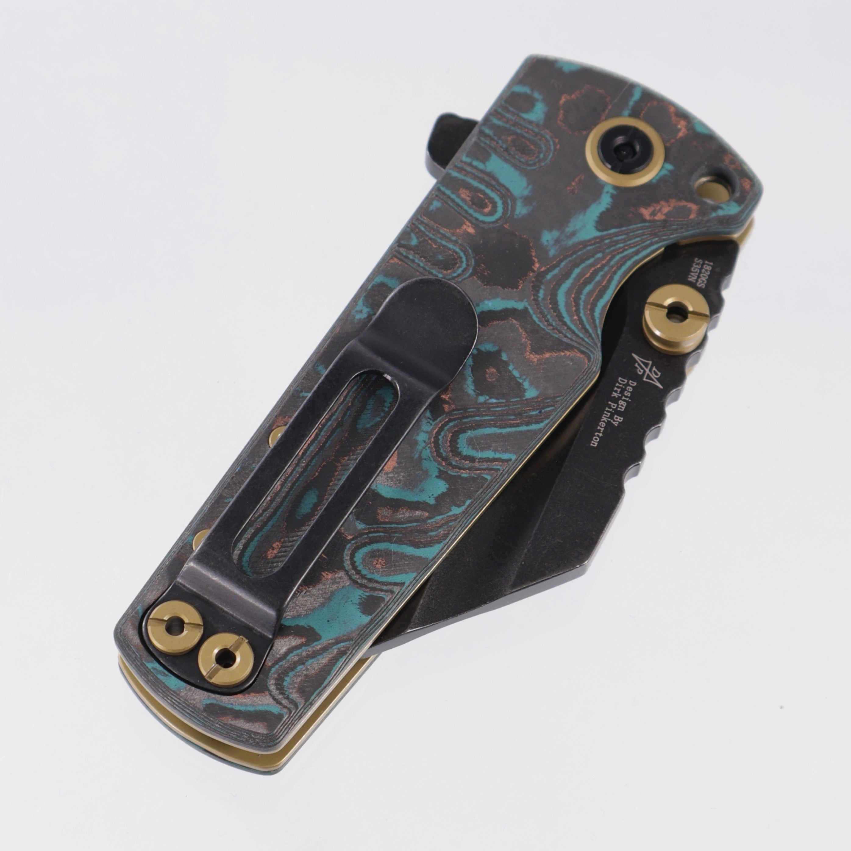 Artisan Cutlery Mini Proponent - Shipwreck Camo Carbon w/ Gold Accents - Black Stonewash Full Serrate S35VN - 1820S-CCS - BROP Exclusive