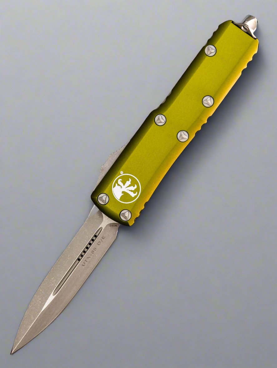 MICROTECH UTX-85 OTF KNIFE- DOUBLE EDGE- OD GREEN HANDLE- APOCALYPTIC BLADE 232-10 APOD