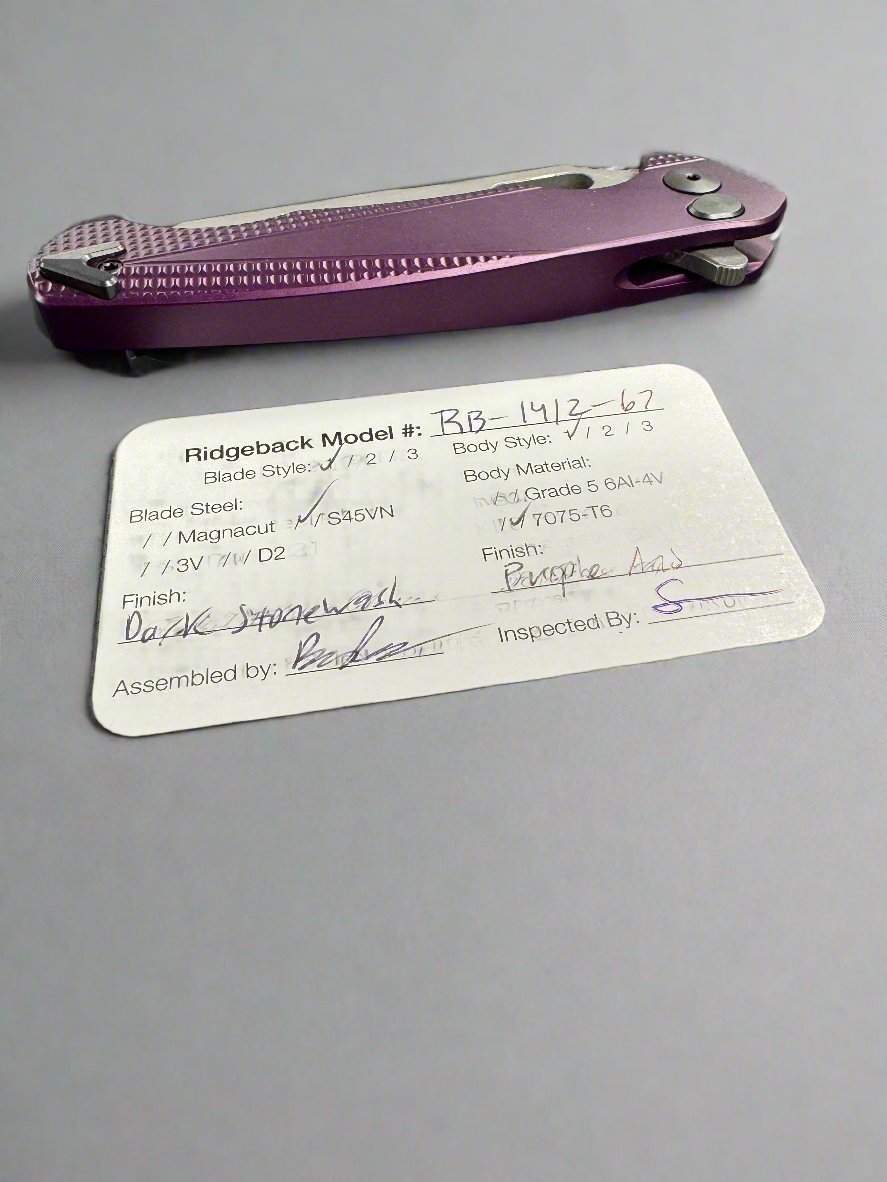 Dead Reckon Knives Ridgeback - Aluminum Purple, Modified Blade Shape, Series 2, Body 1, S45vn, Button Lock, Dark Stonewash