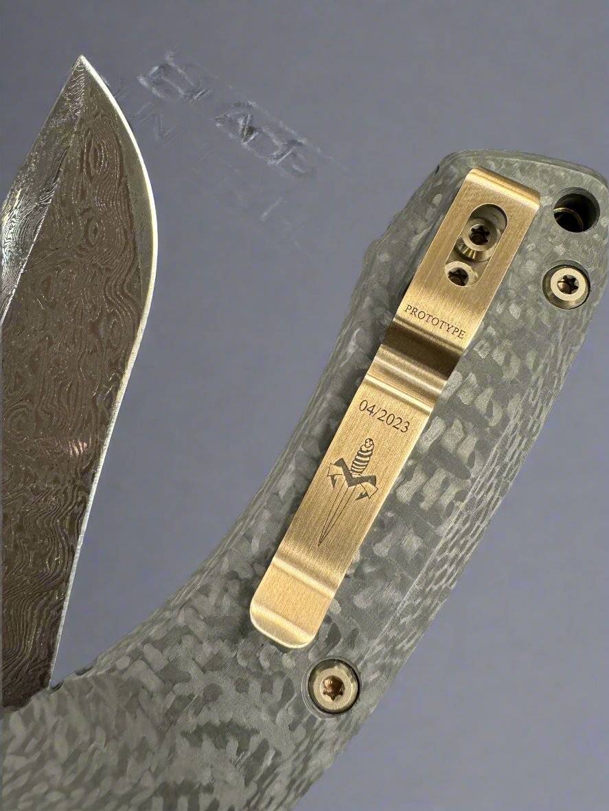 Marfione Custom Knives Amphibian RAM-LOK Pekka Tuominen Damascus w Bronze Two Tone Hardware & Carbon Fiber Handles Prototype 1/1