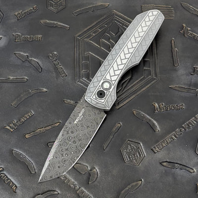 Pro-Tech Vero Synapse Auto - 2-Tone Blasted/Tumbled Stainless Steel w/ Abalone Button - Chad Nichols Raindrop Damascus - 2026 Synapse 2 Custom 002