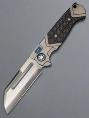 Pre Owned Heretic Butcher Auto - TakeFu Shiro 2 Tumbled Titanium Blue Ano TI Button 2 Tone Pivot Collar SN:028