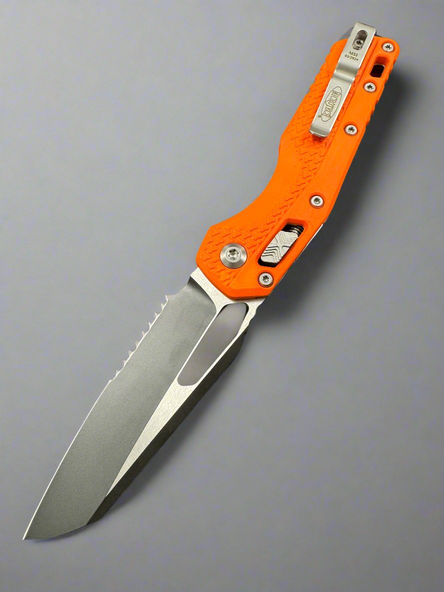 MICROTECH KNIVES- M.S.I. RAM-LOK FOLDER- ORANGE TRI-GRIP INJECTION MOLDED HANDLE- BLACK PART SERRATED EDGE BLADE- BEAD BLAST HARDWARE 210T-2 PMOR MSI