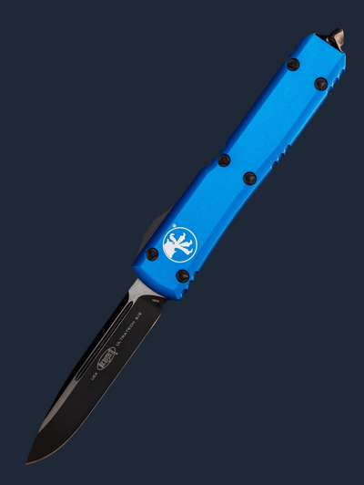 MICROTECH ULTRATECH OTF KNIFE- SINGLE EDGE- BLUE HANDLE- BLACK BLADE 121-1 BL