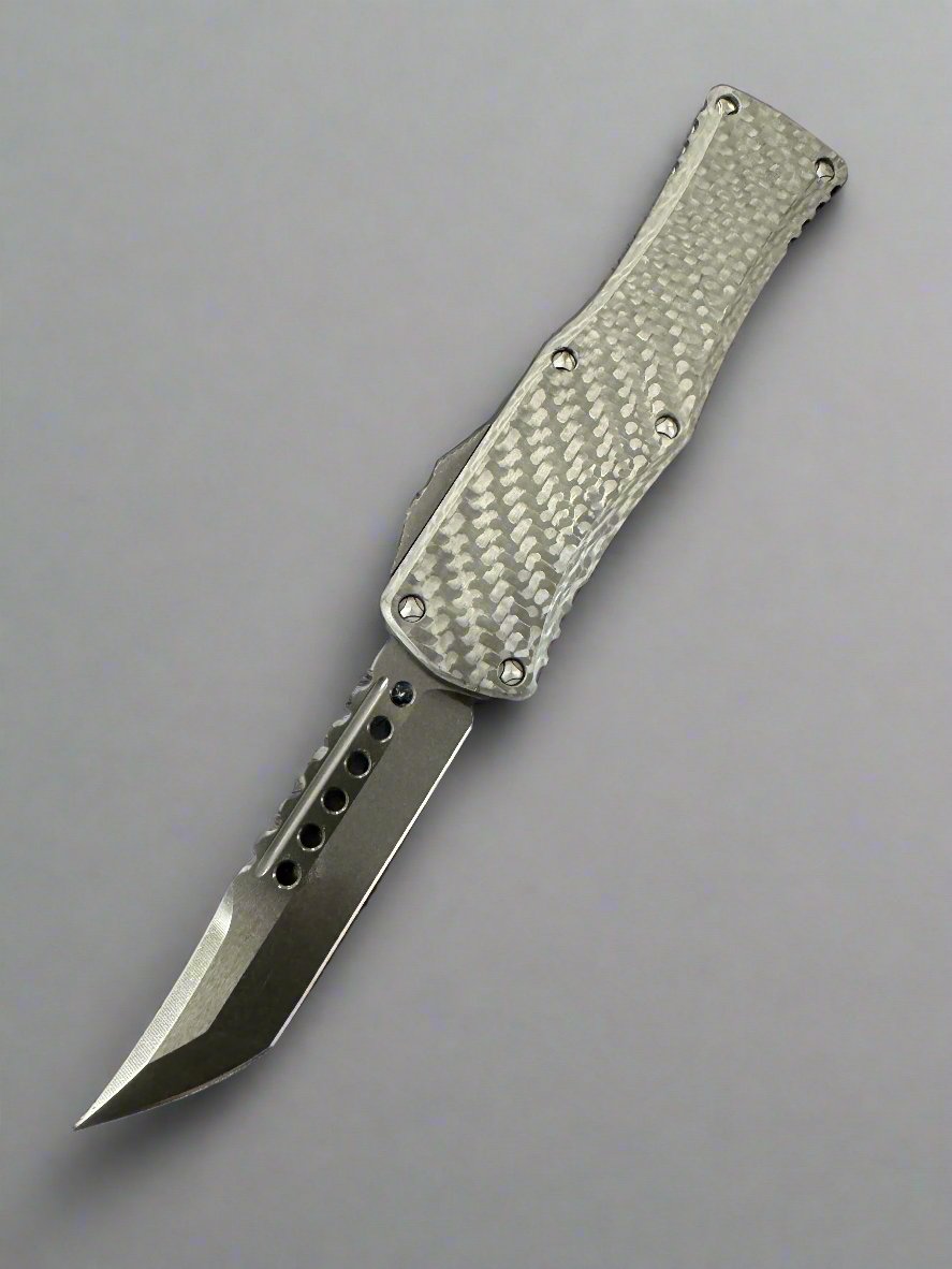 MICROTECH HERA OTF KNIFE- HELLHOUND EDGE- SHADOW EDITION- Carbon Fiber Top - BLACK DLC BLADE 919-1 DLCTCFSH