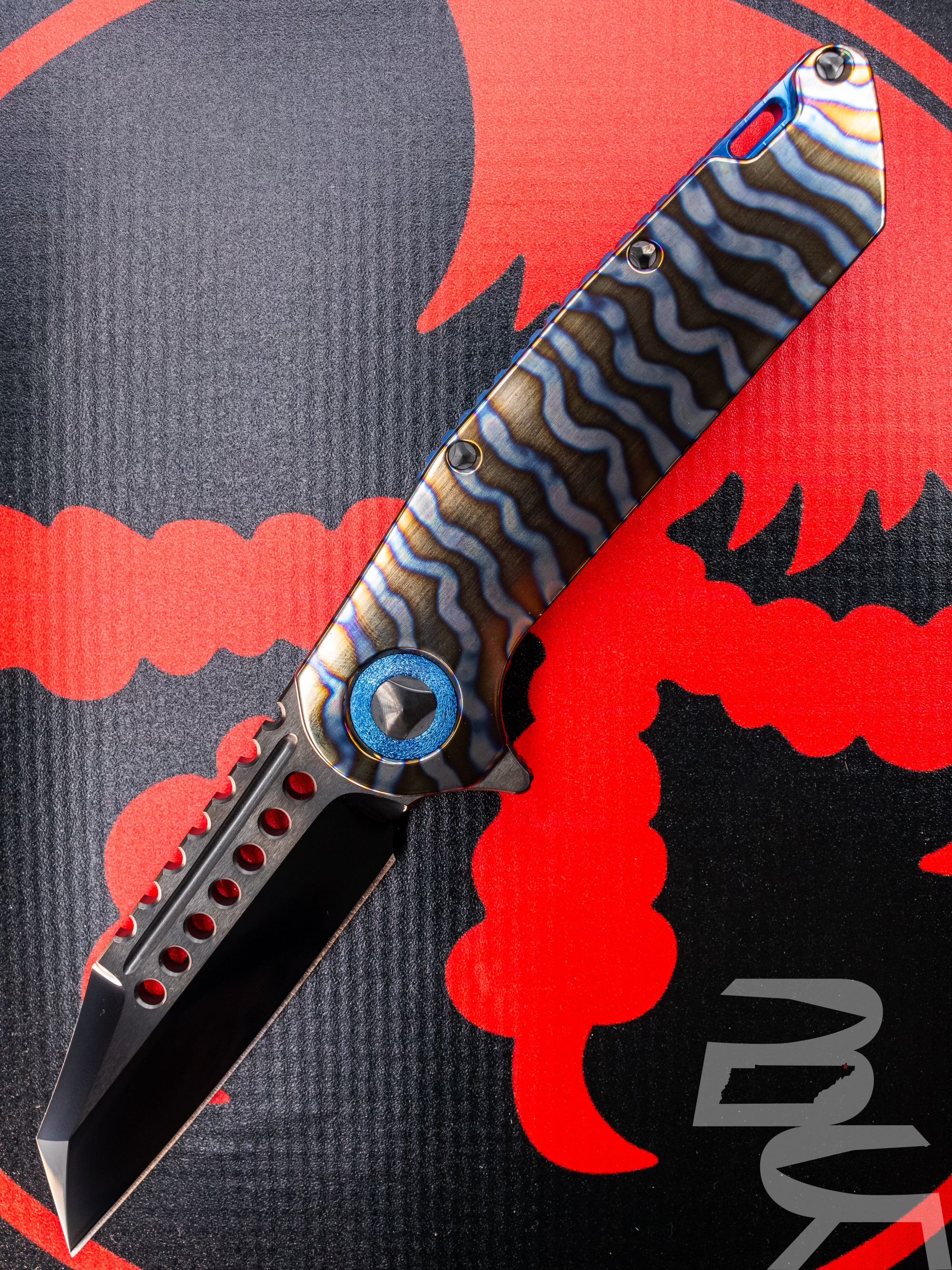 Marfione Custom Warhound DLC Diamondwash Flamed Titanium w Blue Titanium Accents & DLC Two Tone Hardware