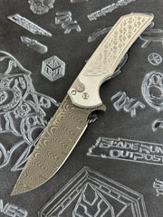 Pro-Tech Knives Blade Show West 2024 Mordax Custom Hardened 17-4 Stainless Steel Handle, 2-tone Gridlock Satin Pattern, Black Lip Pearl Button, 3.5" Vegas Forge Damascus Blade, Blue Titanium Clip 2024MordaxCustom003