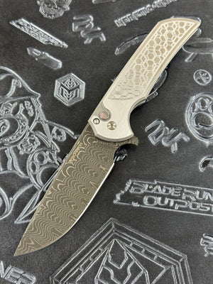 Pro-Tech Knives Blade Show West 2024 Mordax Custom Hardened 17-4 Stainless Steel Handle, 2-tone Gridlock Satin Pattern, Black Lip Pearl Button, 3.5" Vegas Forge Damascus Blade, Blue Titanium Clip 2024MordaxCustom003