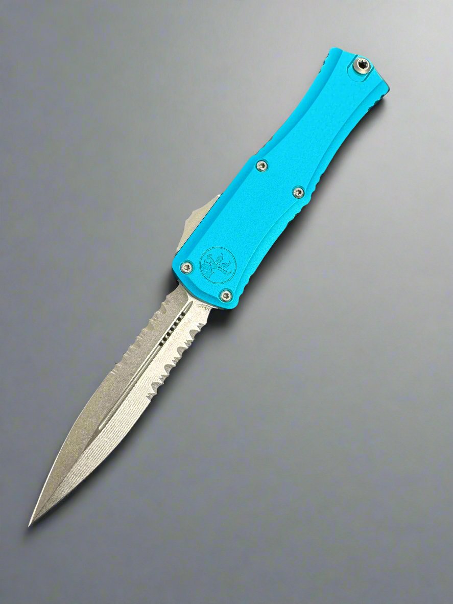 Microtech Knives Mini Hera Stonewash Partial Serrated Double Edge M390MK w/ Turquoise Handle 1702M-11 TQ